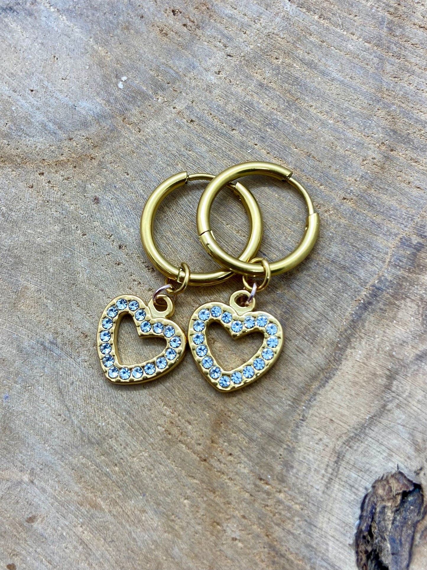 paire de boucles d’oreilles, créoles, acier inoxydable, dorées, pendentif, cœur pavé de strass