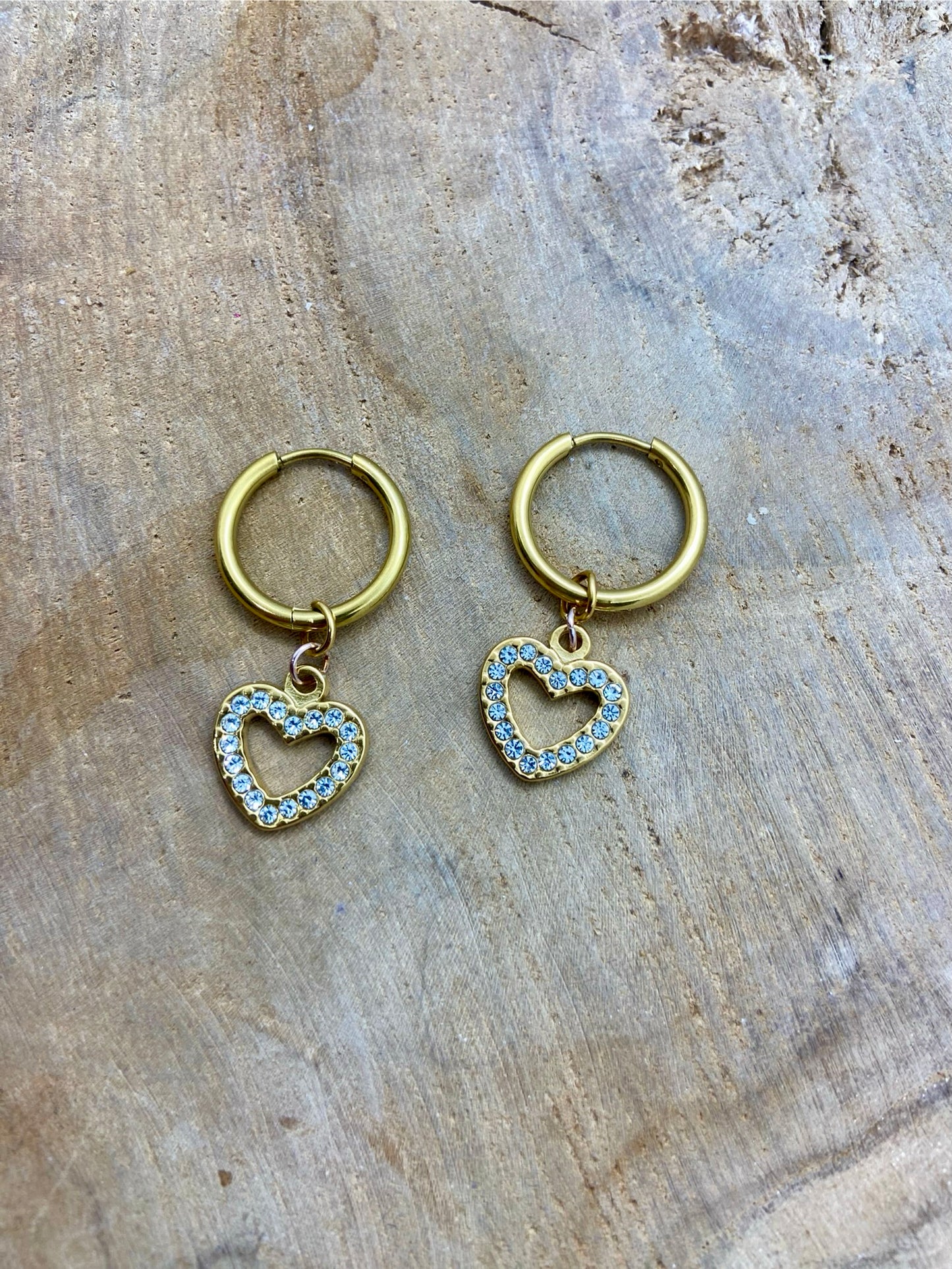 paire de boucles d’oreilles, créoles, acier inoxydable, dorées, pendentif, cœur pavé de strass