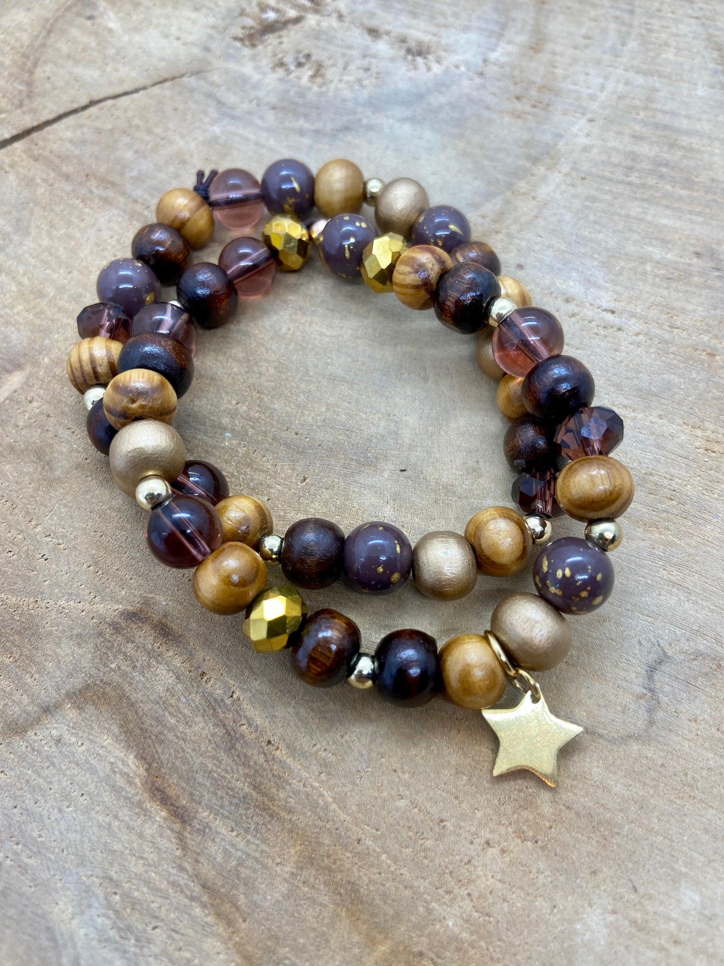 Duo de Bracelets en Bois et Verre Breloques dorées et couleurs d’automne