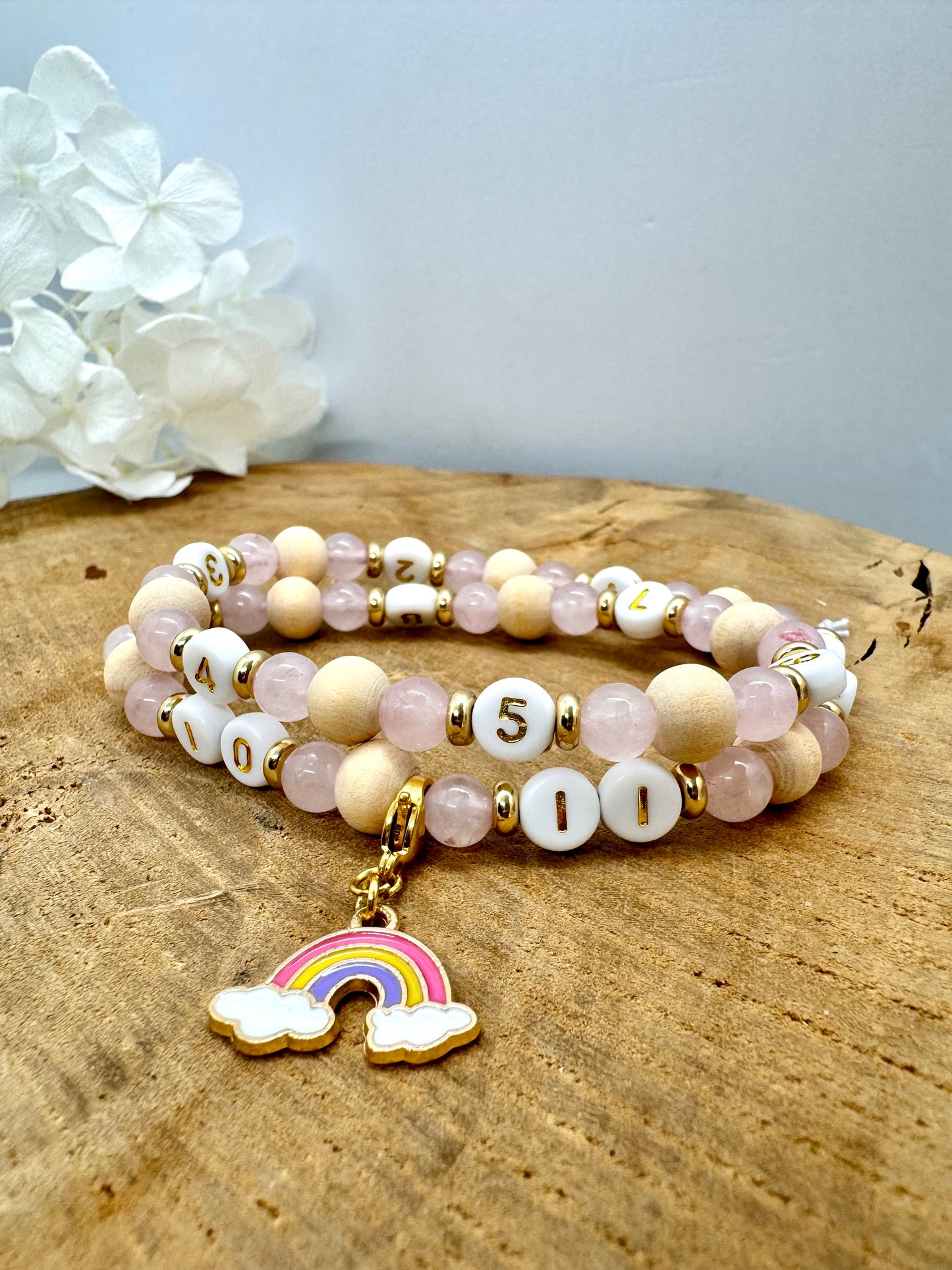 Bracelet d’allaitement en bois et quartz rose avec breloque détachable en acier inoxydable - bijou allaitement