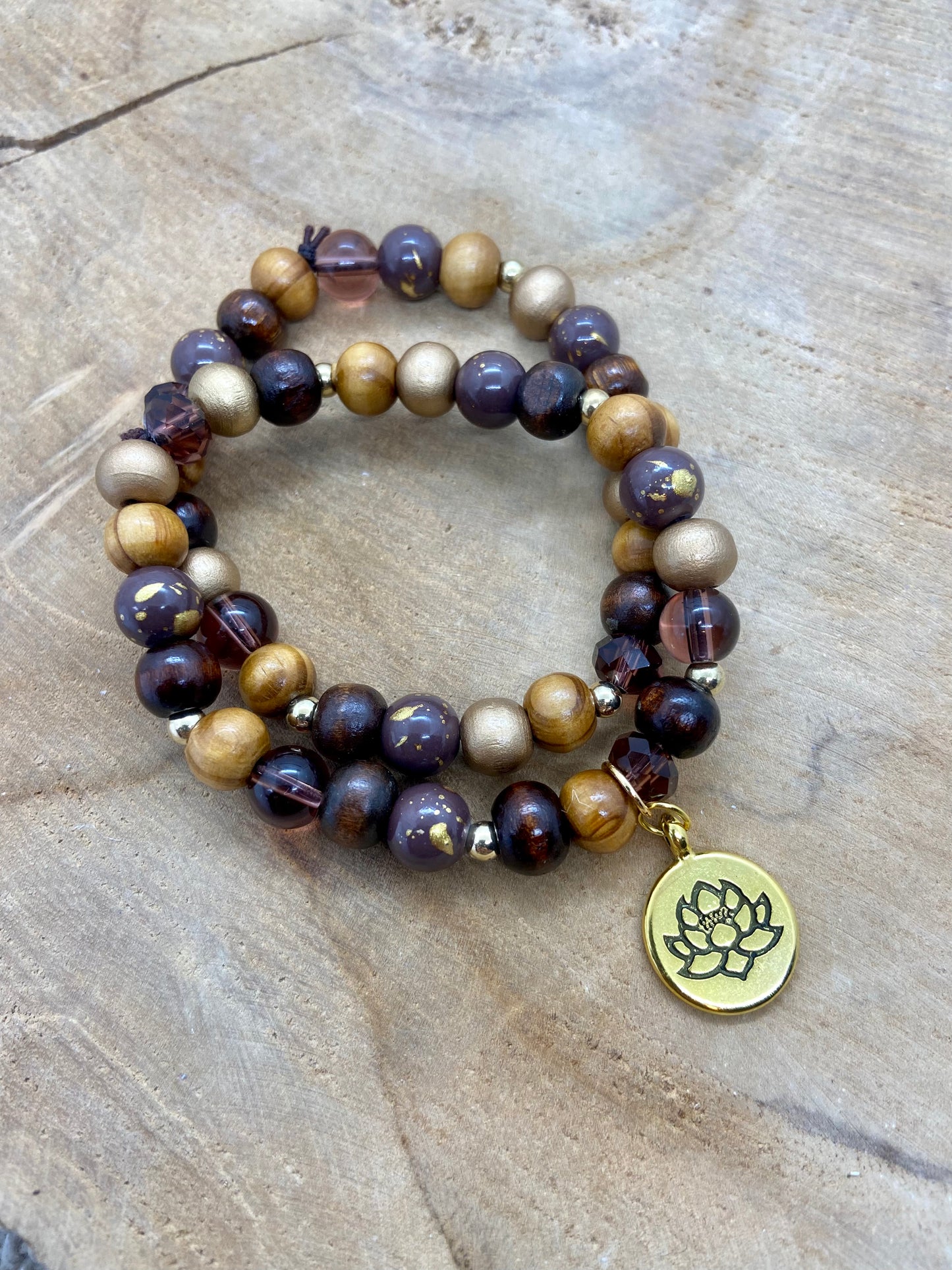 Duo de Bracelets en Bois et Verre Breloques dorées et couleurs d’automne