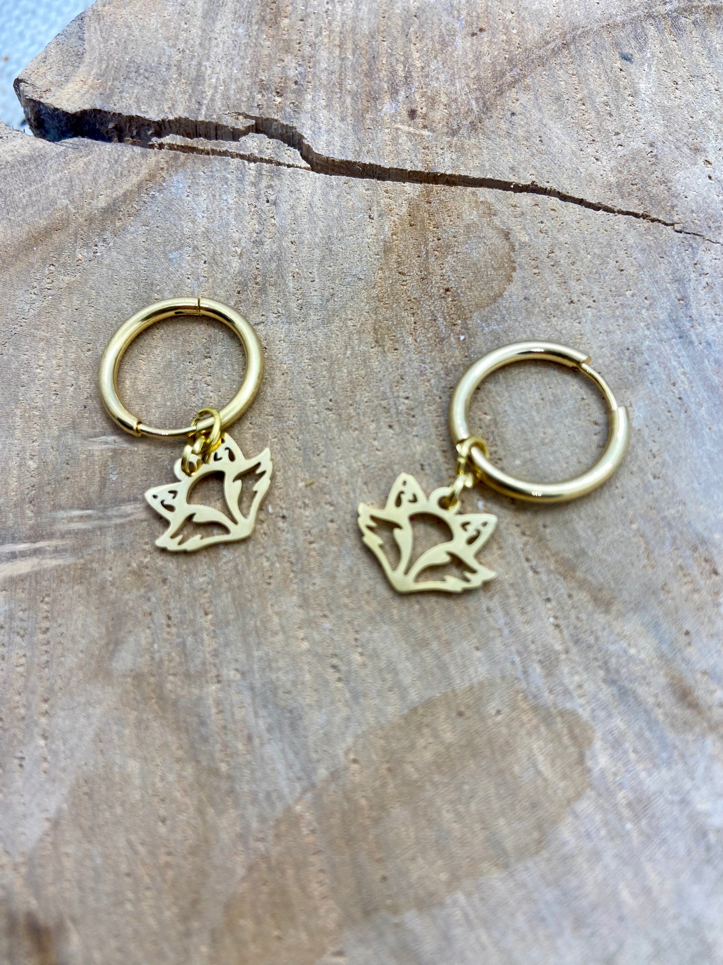 Boucles d’oreilles, acier inoxydable doré, tête d’animal