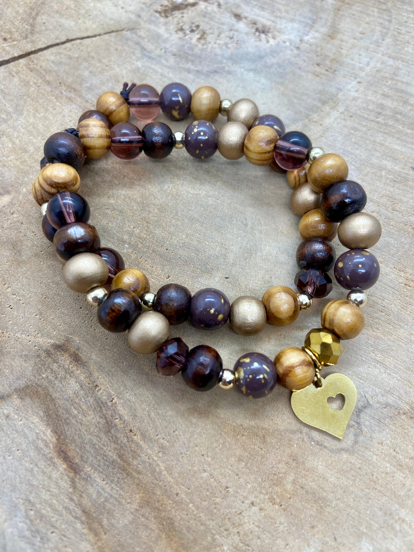 Duo de Bracelets en Bois et Verre Breloques dorées et couleurs d’automne