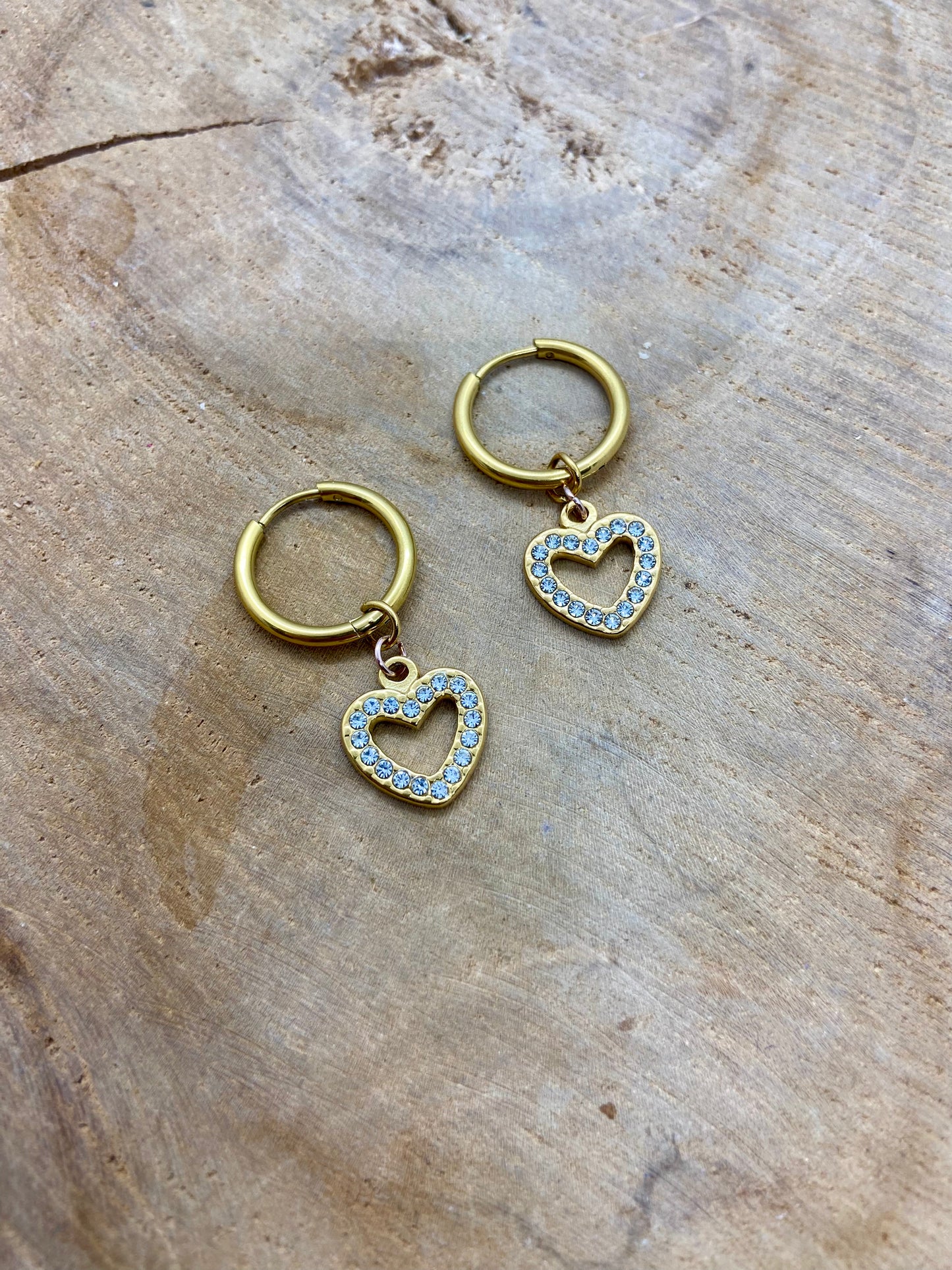 paire de boucles d’oreilles, créoles, acier inoxydable, dorées, pendentif, cœur pavé de strass