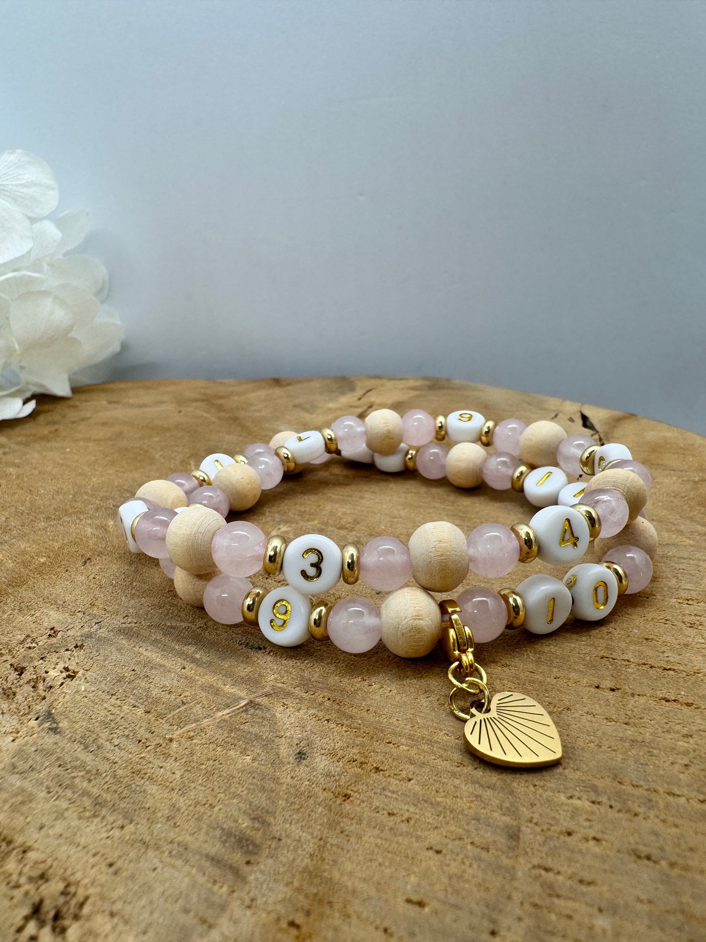 Bracelet d’allaitement en bois et quartz rose avec breloque détachable en acier inoxydable - bijou allaitement