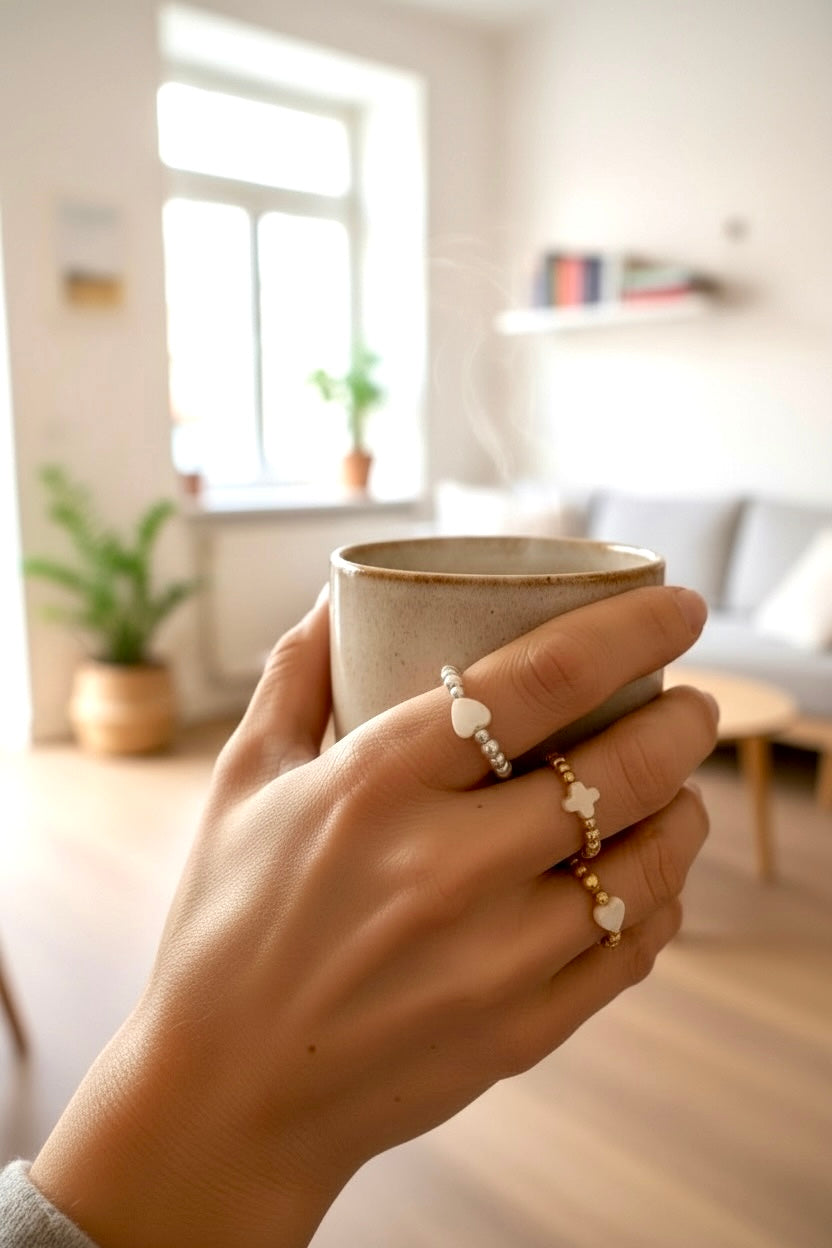 Bagues élastiques en perles rondes en acier inoxydable & nacre