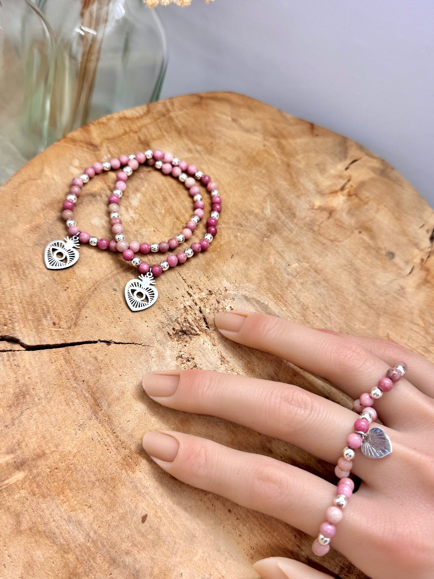 Collection bagues et bracelets en acier inoxydable et perles naturelles de rhodochrosite rose
