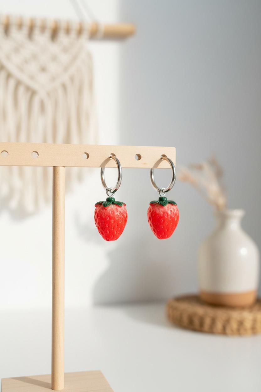 Boucles d’oreilles Fraises en résine et acier inoxydable argenté