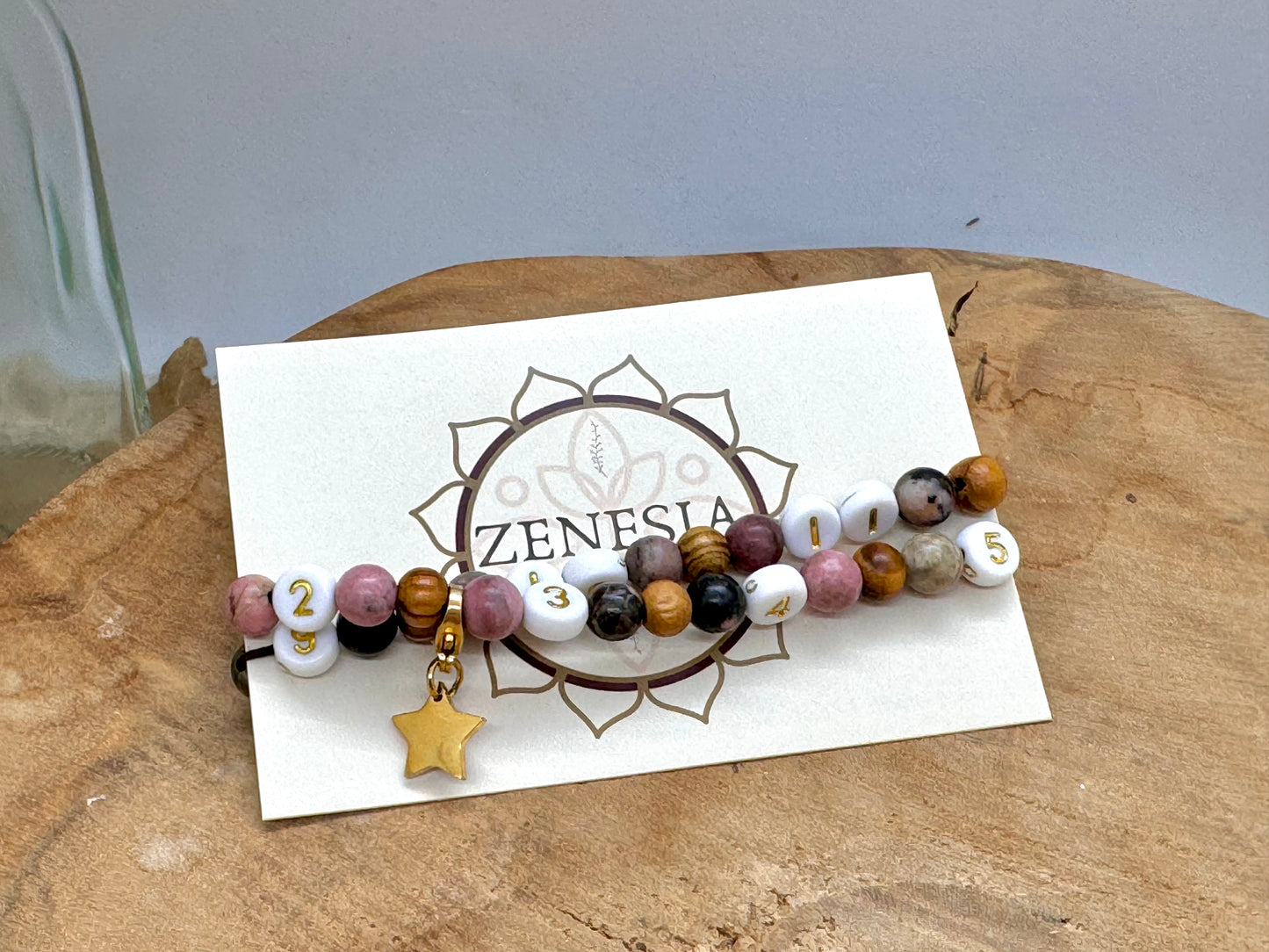 Bracelet d’allaitement en bois et rhodonite rose avec breloque détachable en acier inoxydable - bijou allaitement