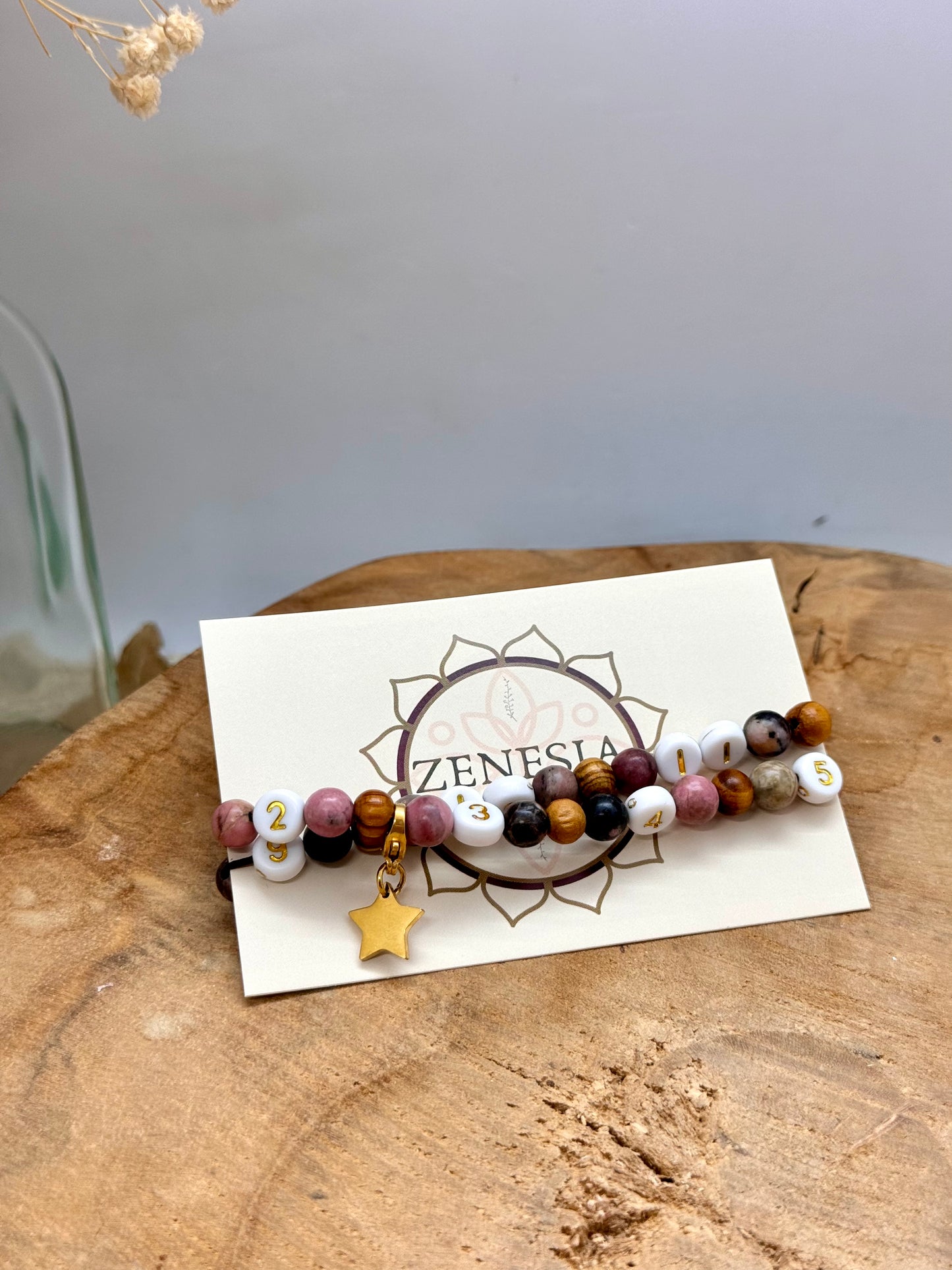 Bracelet d’allaitement en bois et rhodonite rose avec breloque détachable en acier inoxydable - bijou allaitement