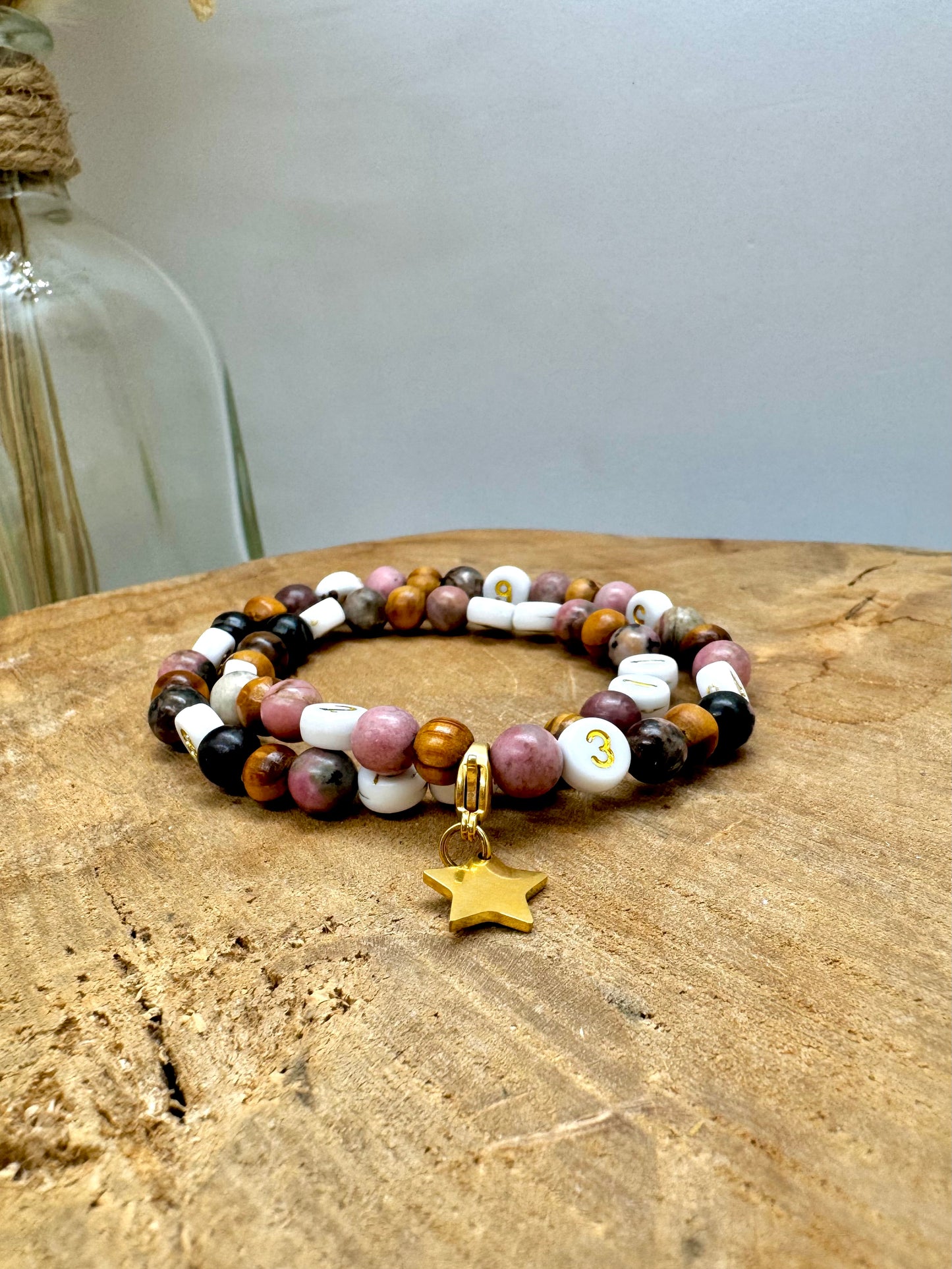 Bracelet d’allaitement en bois et rhodonite rose avec breloque détachable en acier inoxydable - bijou allaitement