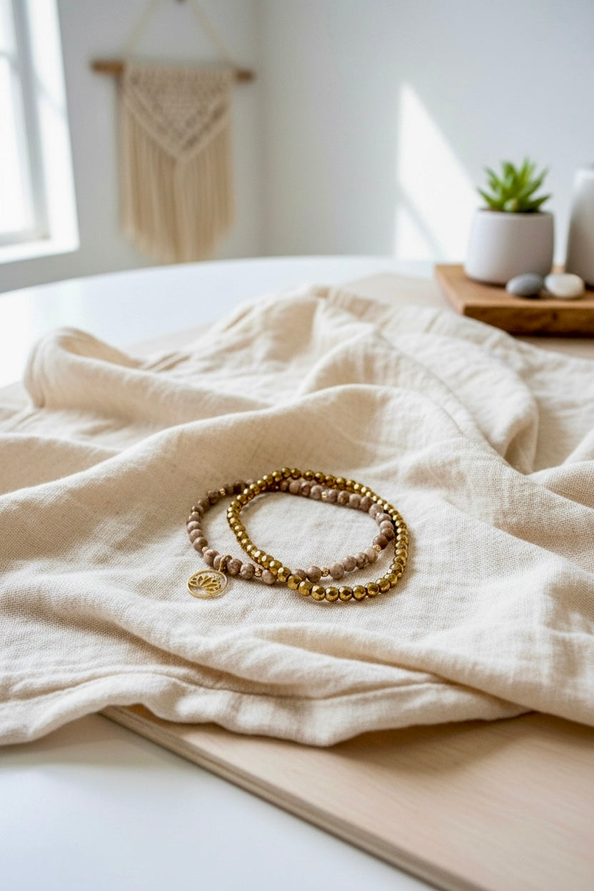 Bracelets en Pierre de Maifan & Pyrite naturelle – Lotus doré