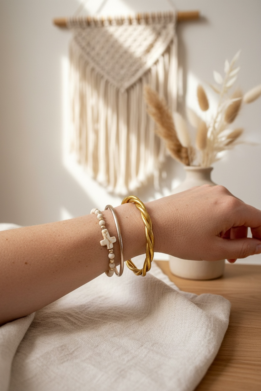 Bracelet en pierre naturelle Fossile beige – Croix chrétienne en howlite