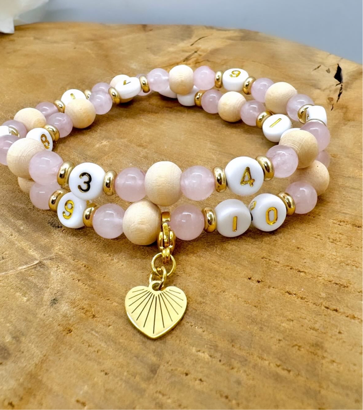 Bracelet d’allaitement en bois et quartz rose avec breloque détachable en acier inoxydable - bijou allaitement