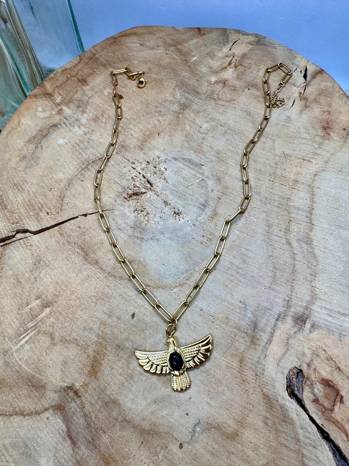 Collier Acier Inoxydable Doré – Chaîne Gros Maillons avec Pendentif Aigle et Pierre Onyx