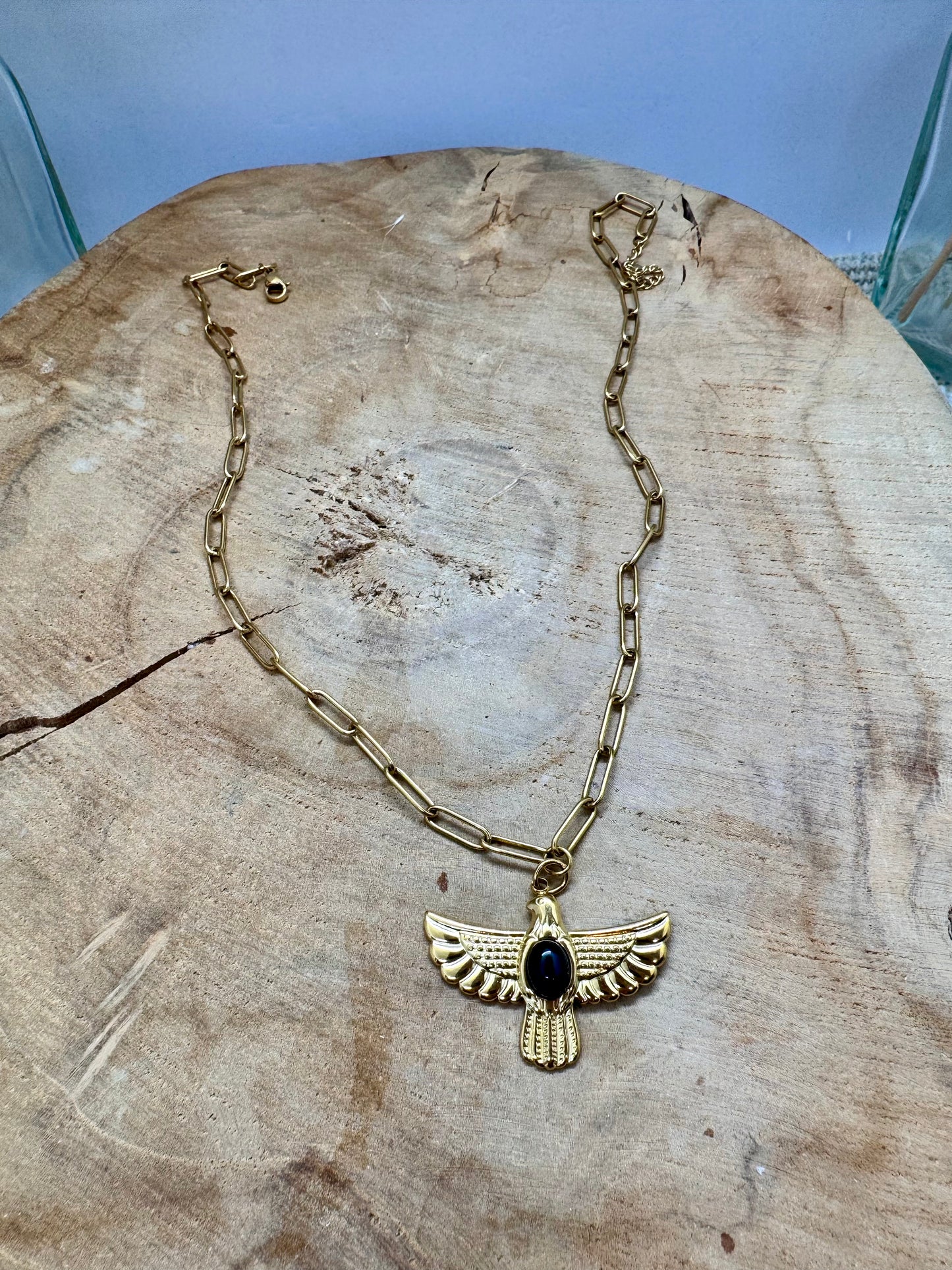 Collier Acier Inoxydable Doré – Chaîne Gros Maillons avec Pendentif Aigle et Pierre Onyx