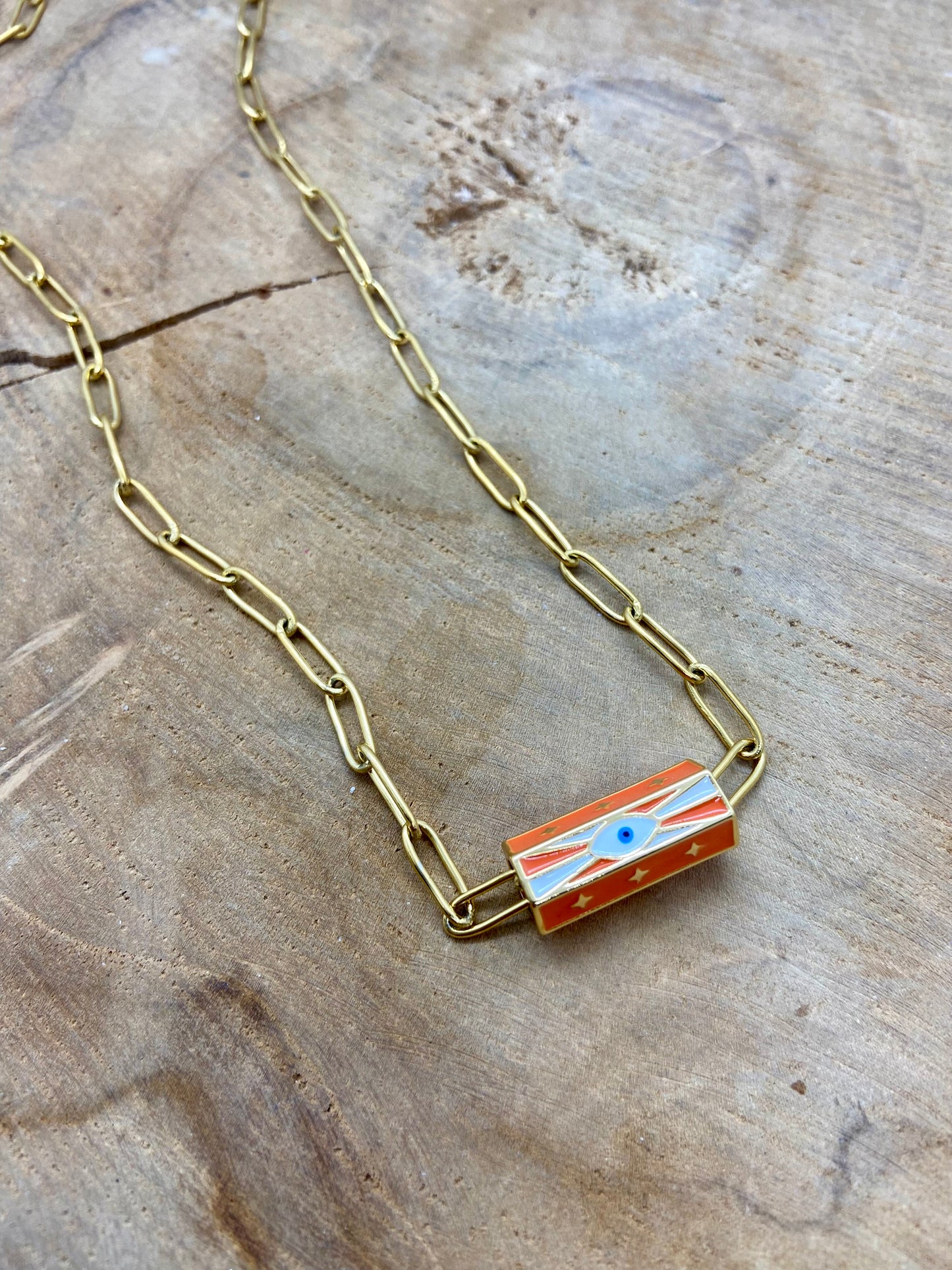 Collier, acier inoxydable avec petit pendentif, de la paix orange avec un œil