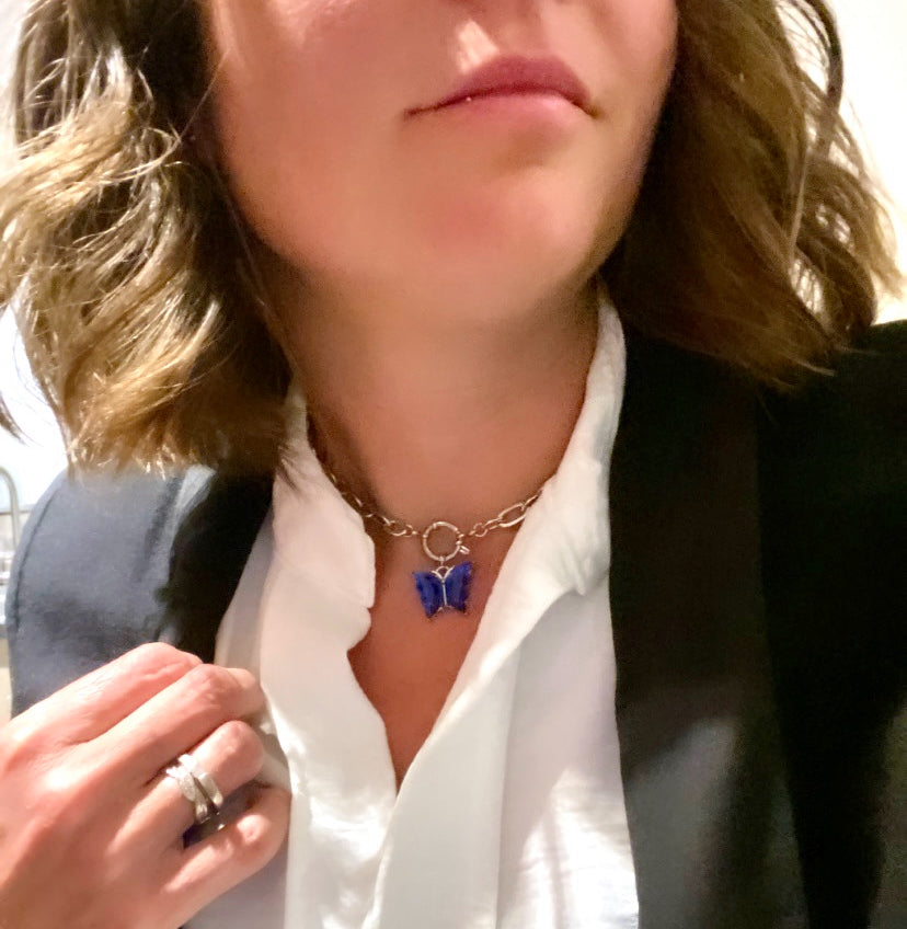 Collier raz du cou en acier inoxydable argenté pendentif papillon Y2K