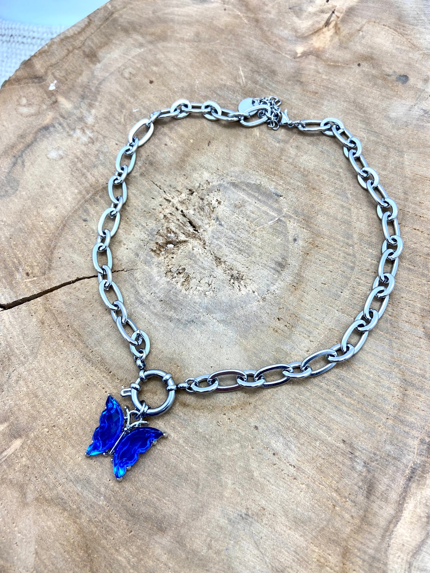 Collier raz du cou en acier inoxydable argenté pendentif papillon Y2K