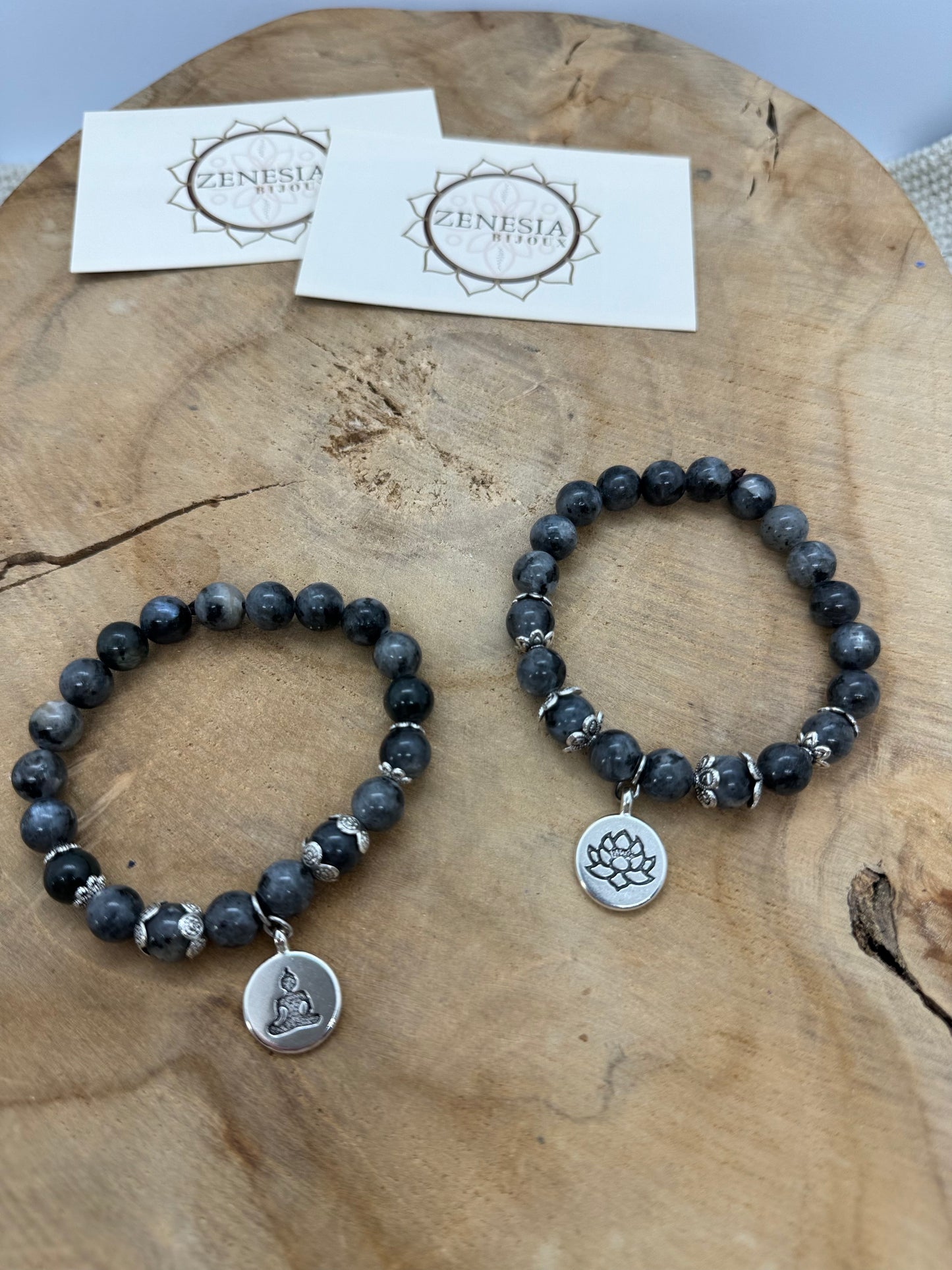 bracelet en pierre naturelle, labradorite sur le thème du yoga et des énergies