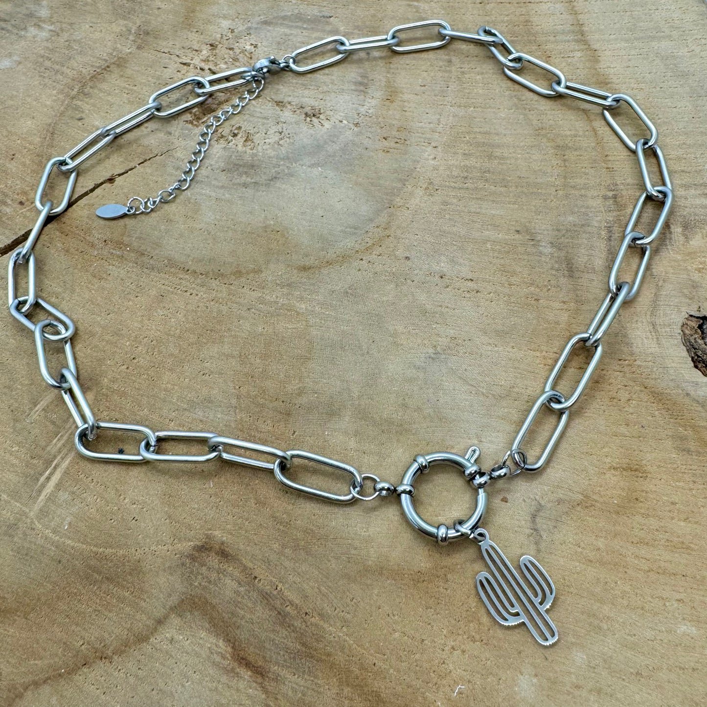 Collier chaîne acier inoxydable, argenté, gros maillons, pendentif cactus
