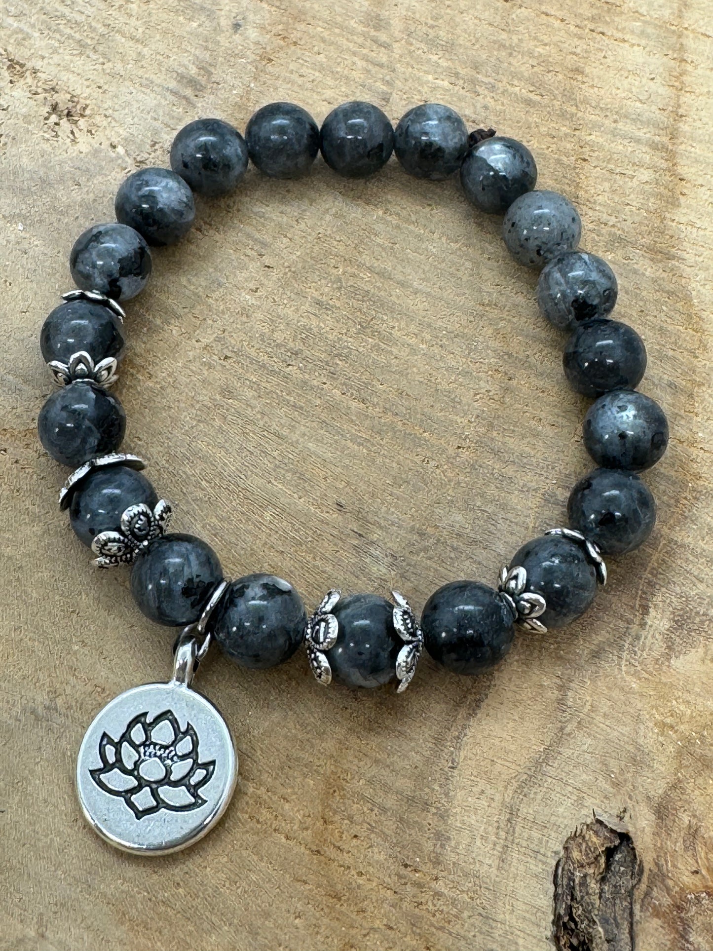 bracelet en pierre naturelle, labradorite sur le thème du yoga et des énergies