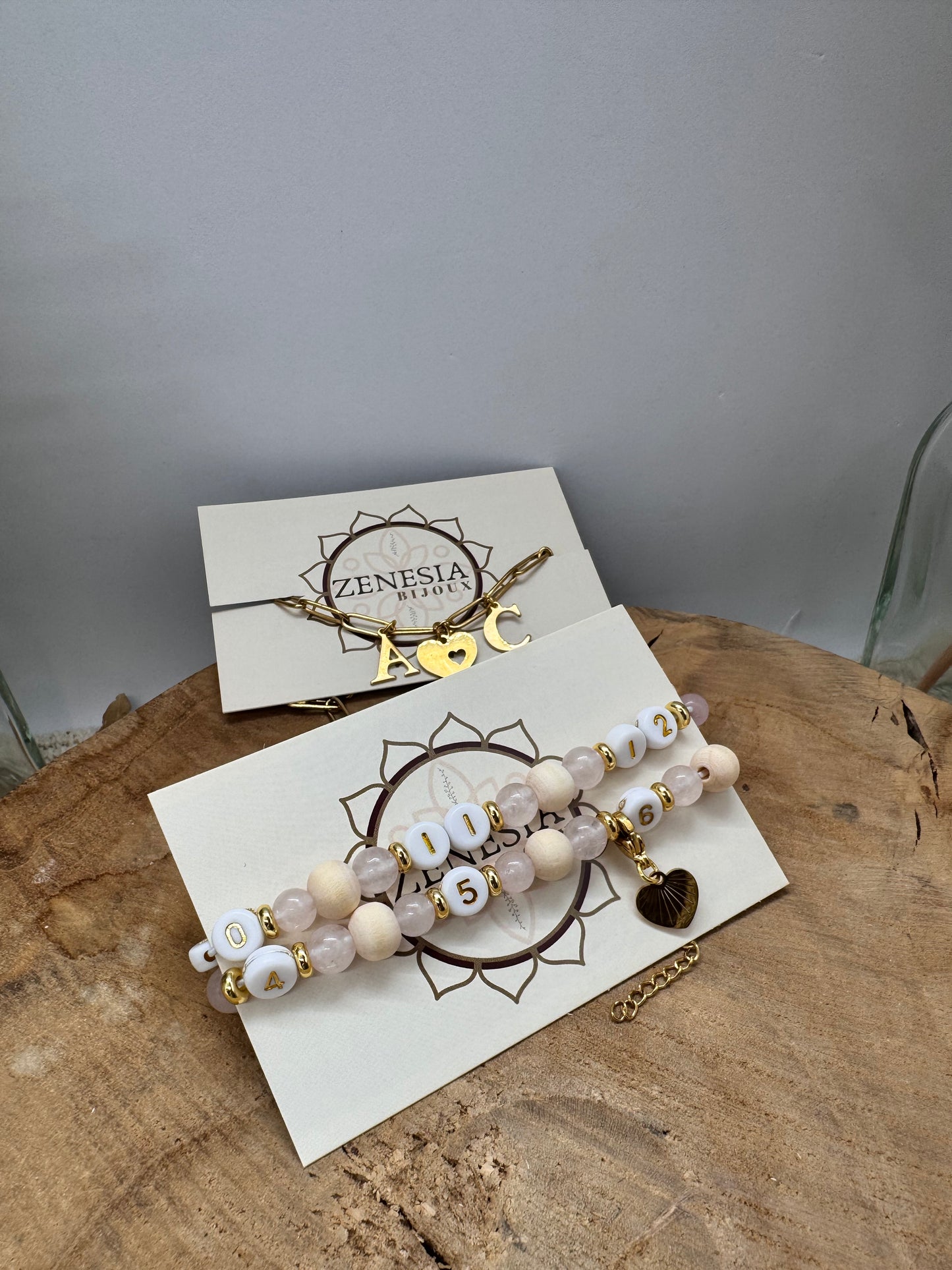Bracelet d’allaitement en bois et quartz rose avec breloque détachable en acier inoxydable - bijou allaitement