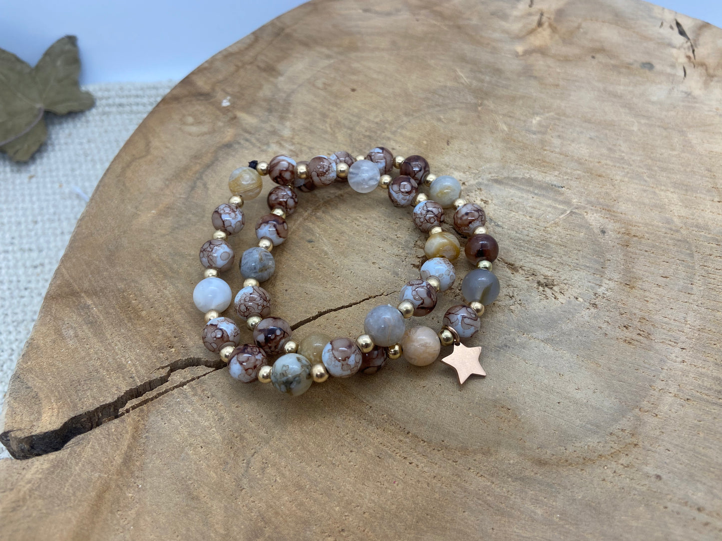 Duo de bracelets en pierre agate et pendentif acier inoxydable