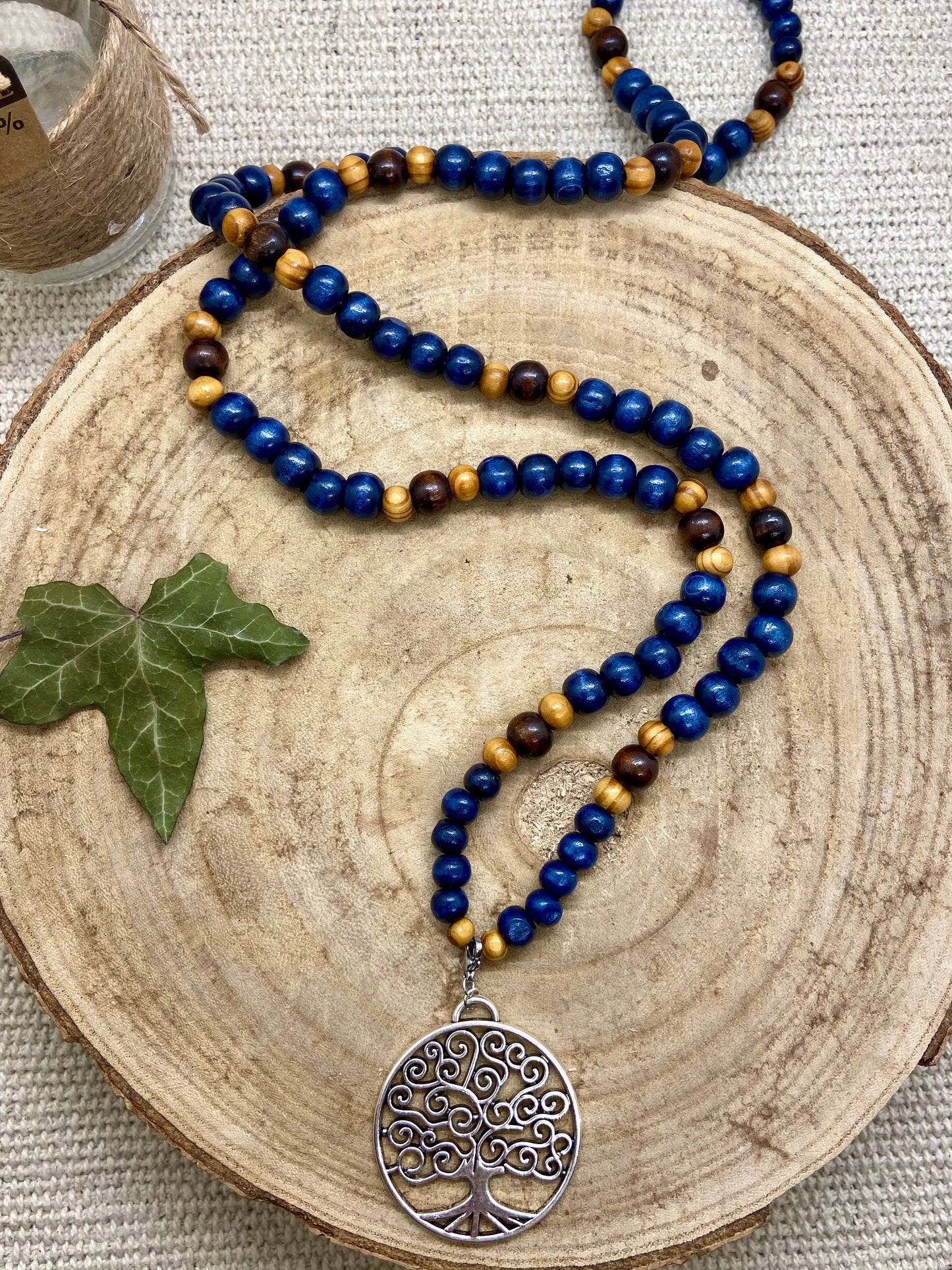Sautoir en bois bohème chic pendentif mandala