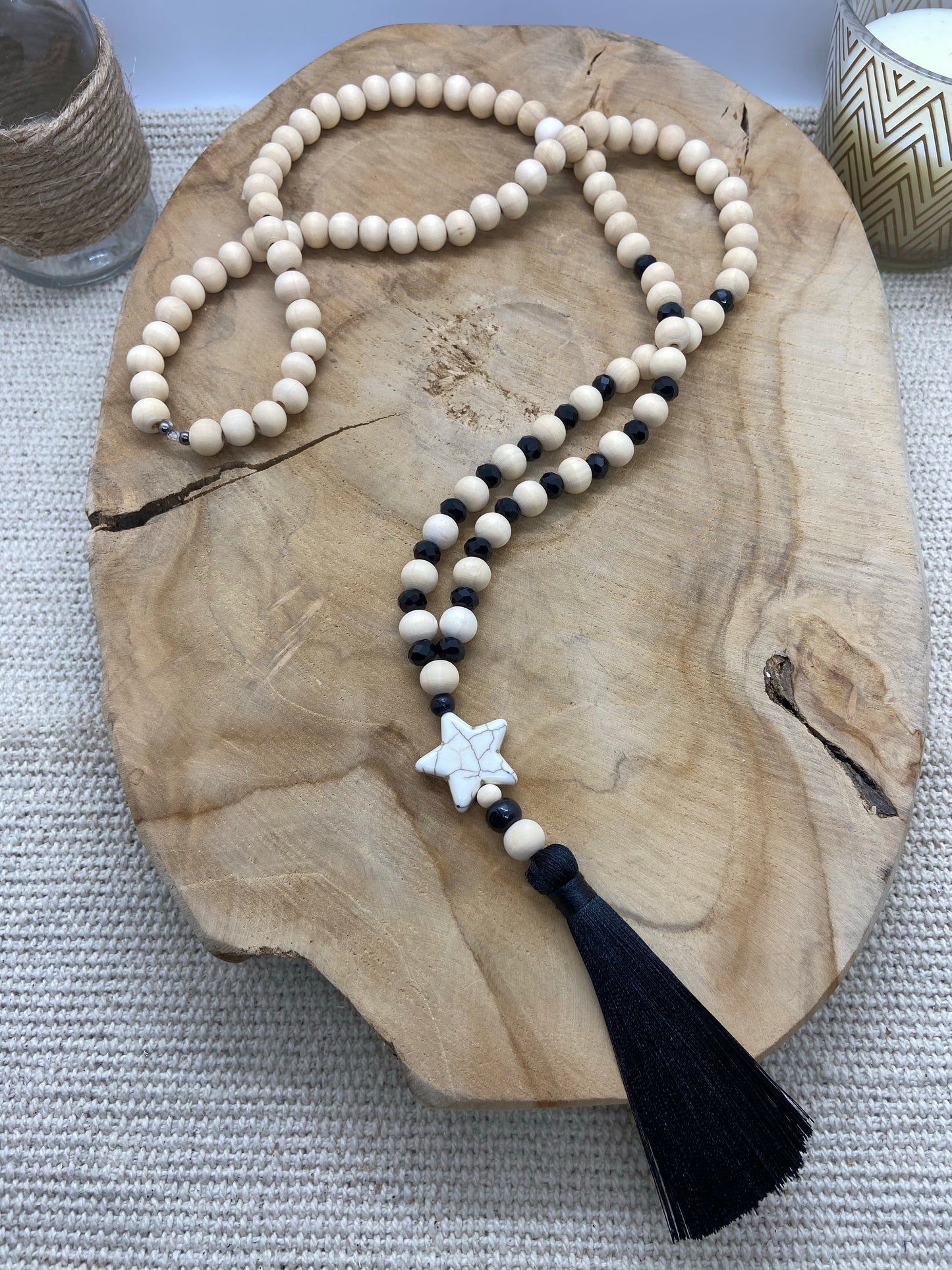 Sautoir bohème chic en bois pendentif étoile