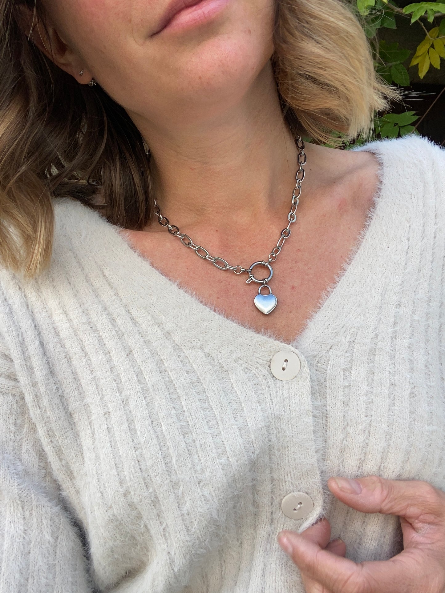 Chaîne acier inoxydable gros maillons pendentif Coeur