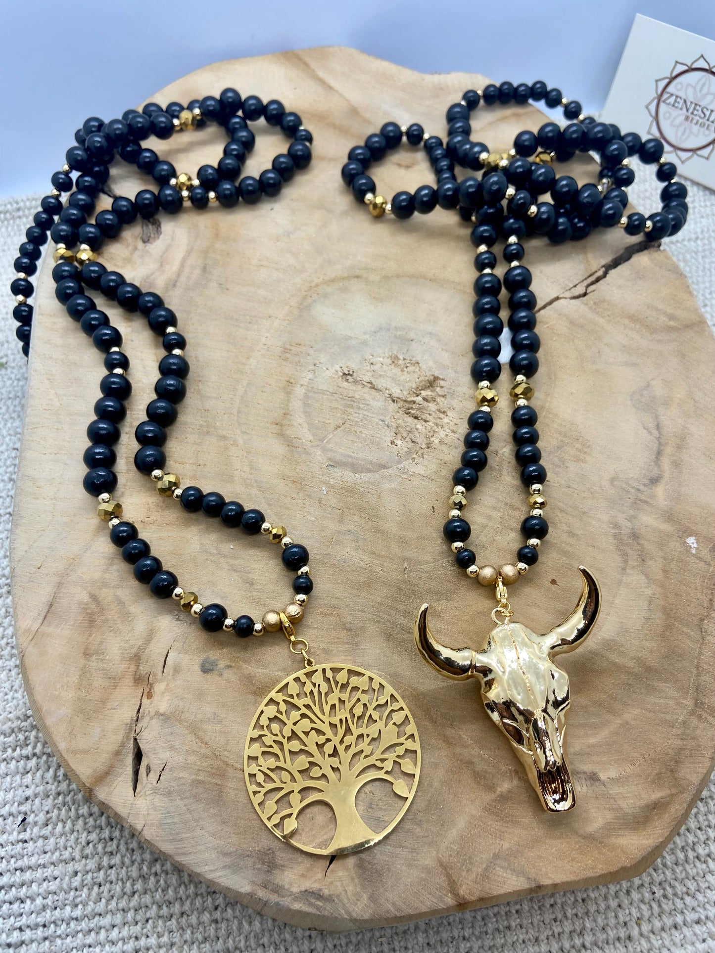Sautoir Bohème en bois noir et doré