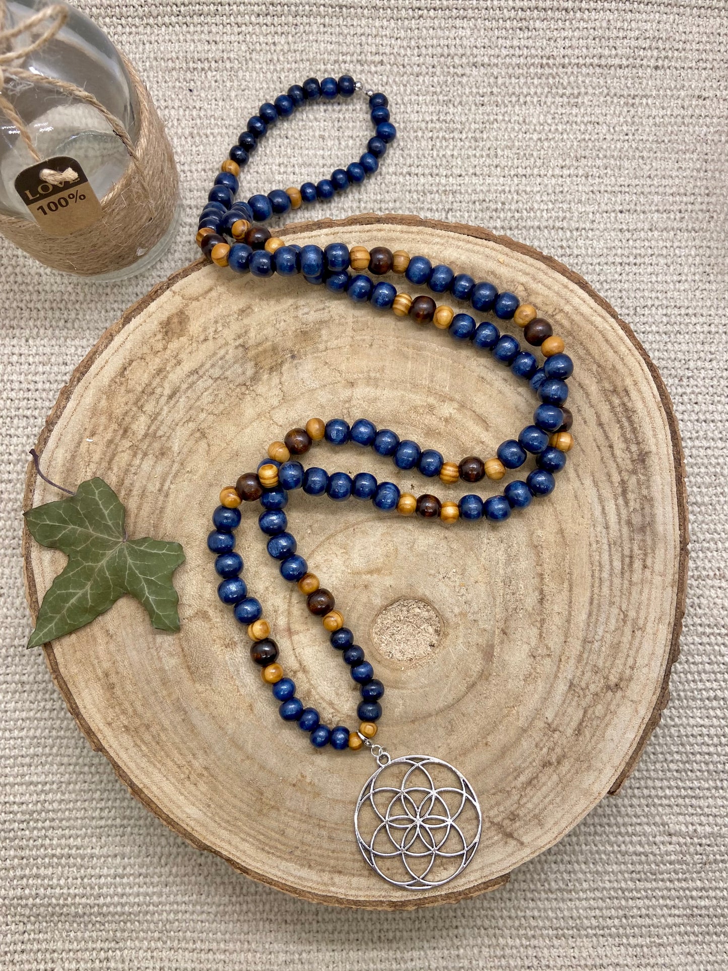 Sautoir en bois bohème chic pendentif mandala