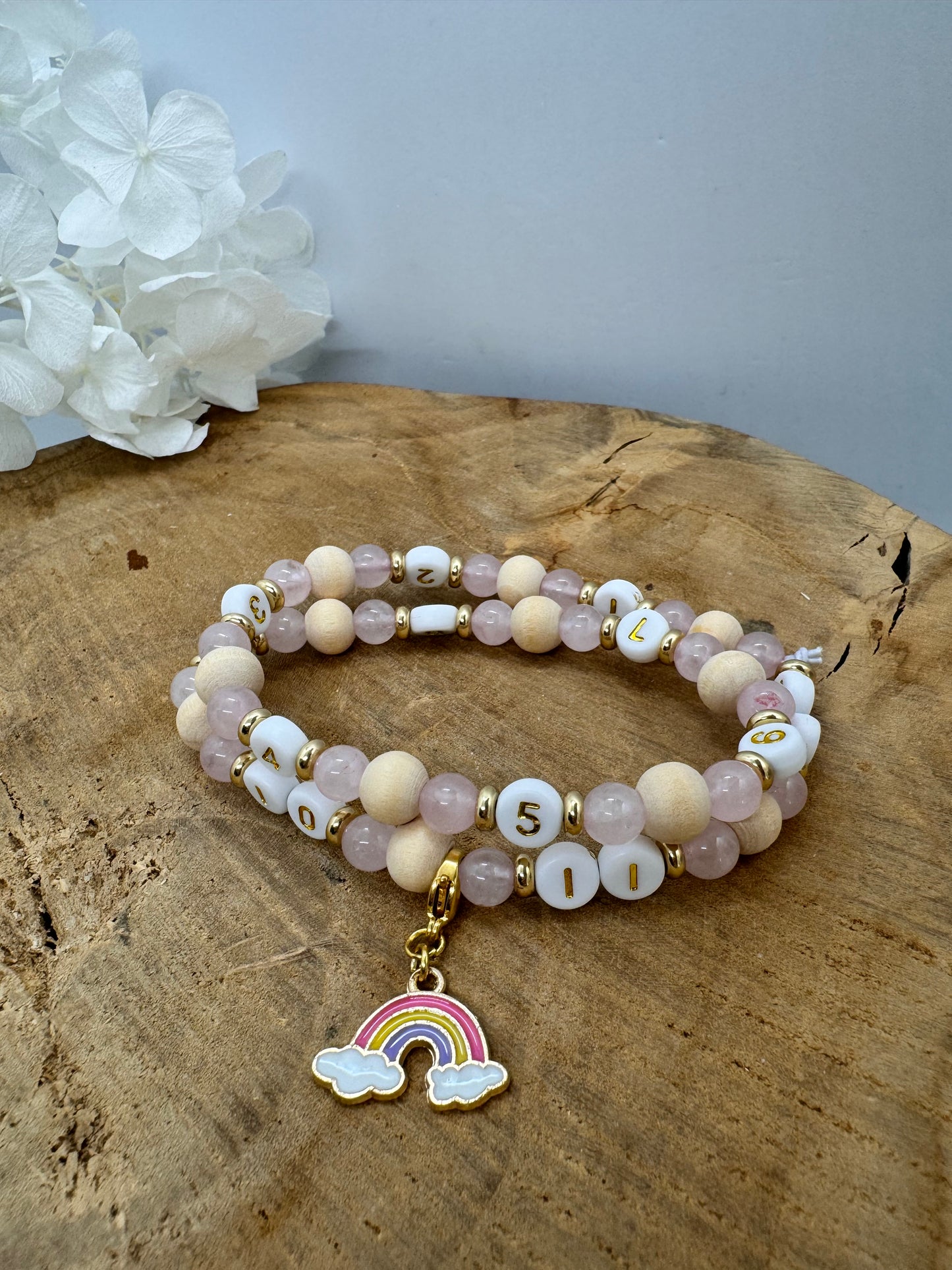 Bracelet d’allaitement en bois et quartz rose avec breloque détachable en acier inoxydable - bijou allaitement