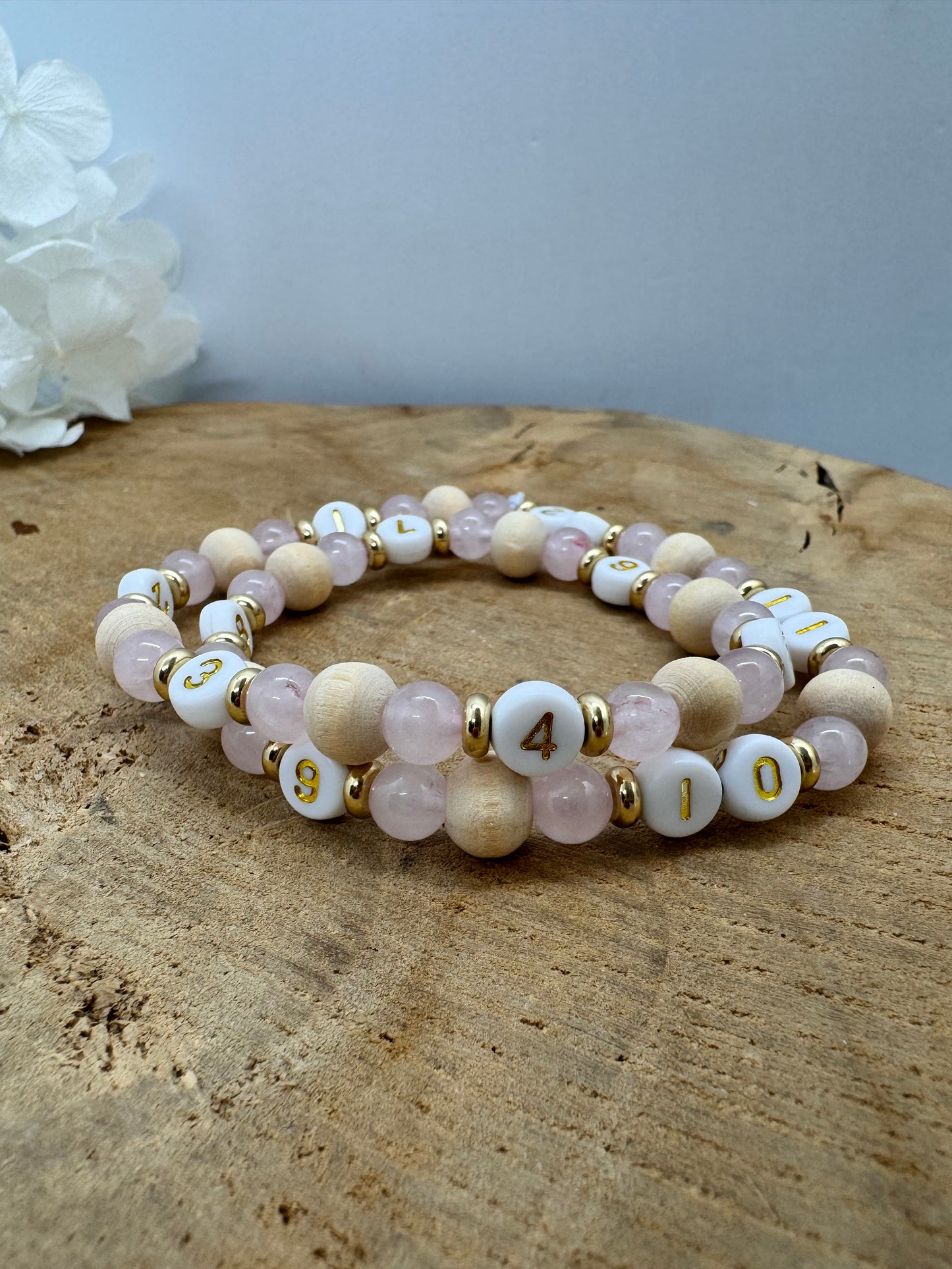 Bracelet d’allaitement en bois et quartz rose avec breloque détachable en acier inoxydable - bijou allaitement