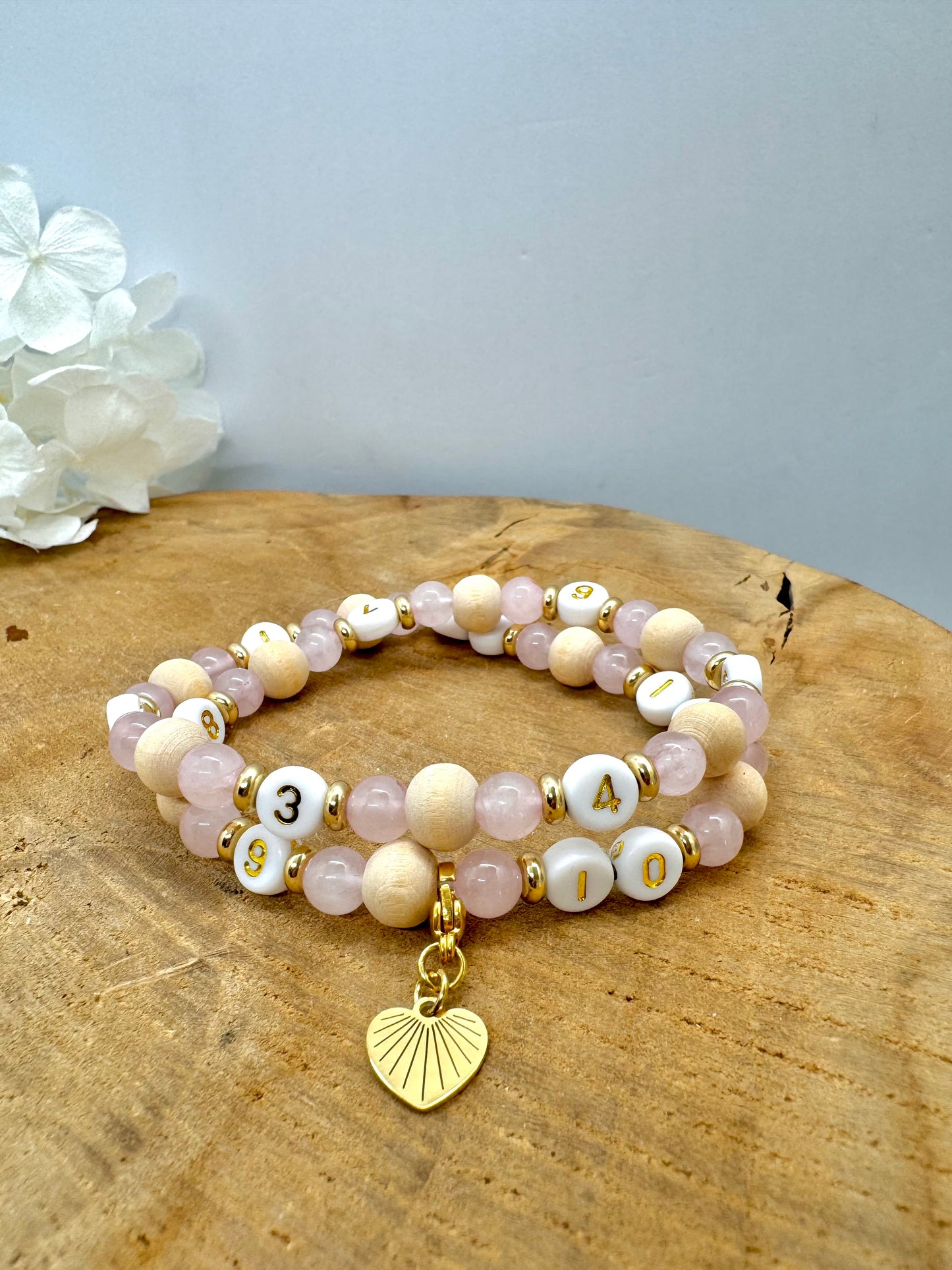 Bracelet d’allaitement en bois et quartz rose avec breloque détachable en acier inoxydable - bijou allaitement