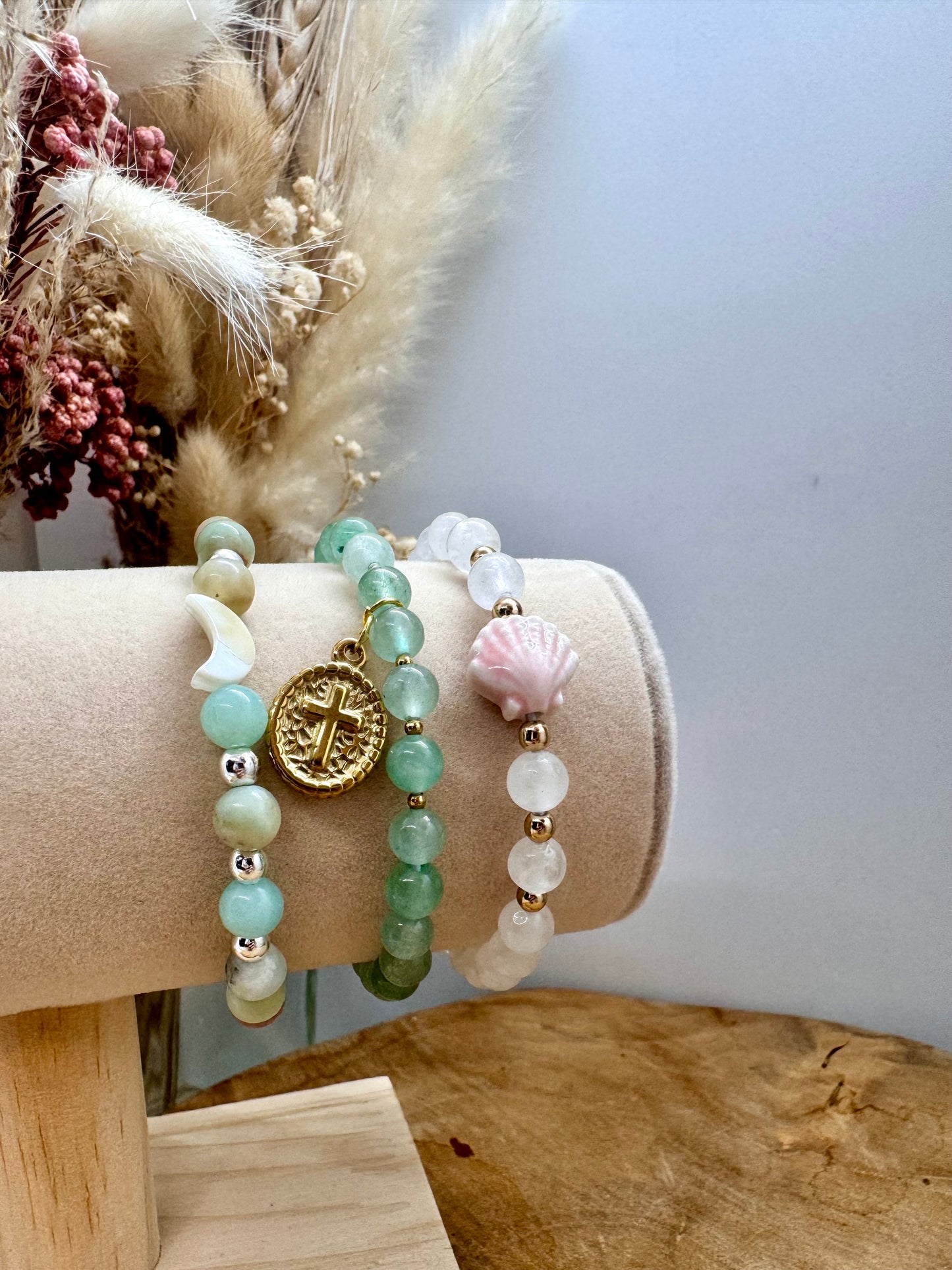 🌊 Trio de bracelets d’été – pierres naturelles & breloques marines