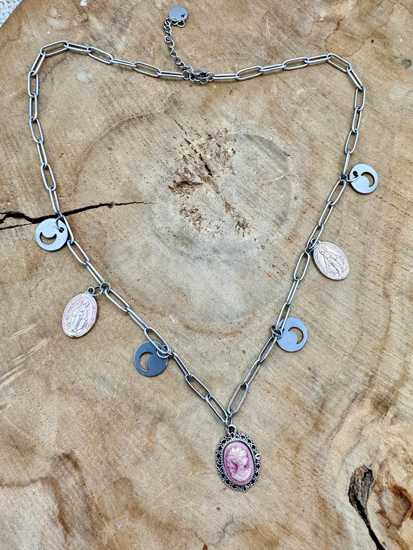 Collier acier inoxydable avec breloques talisman pendentif Médaille Camée Rose