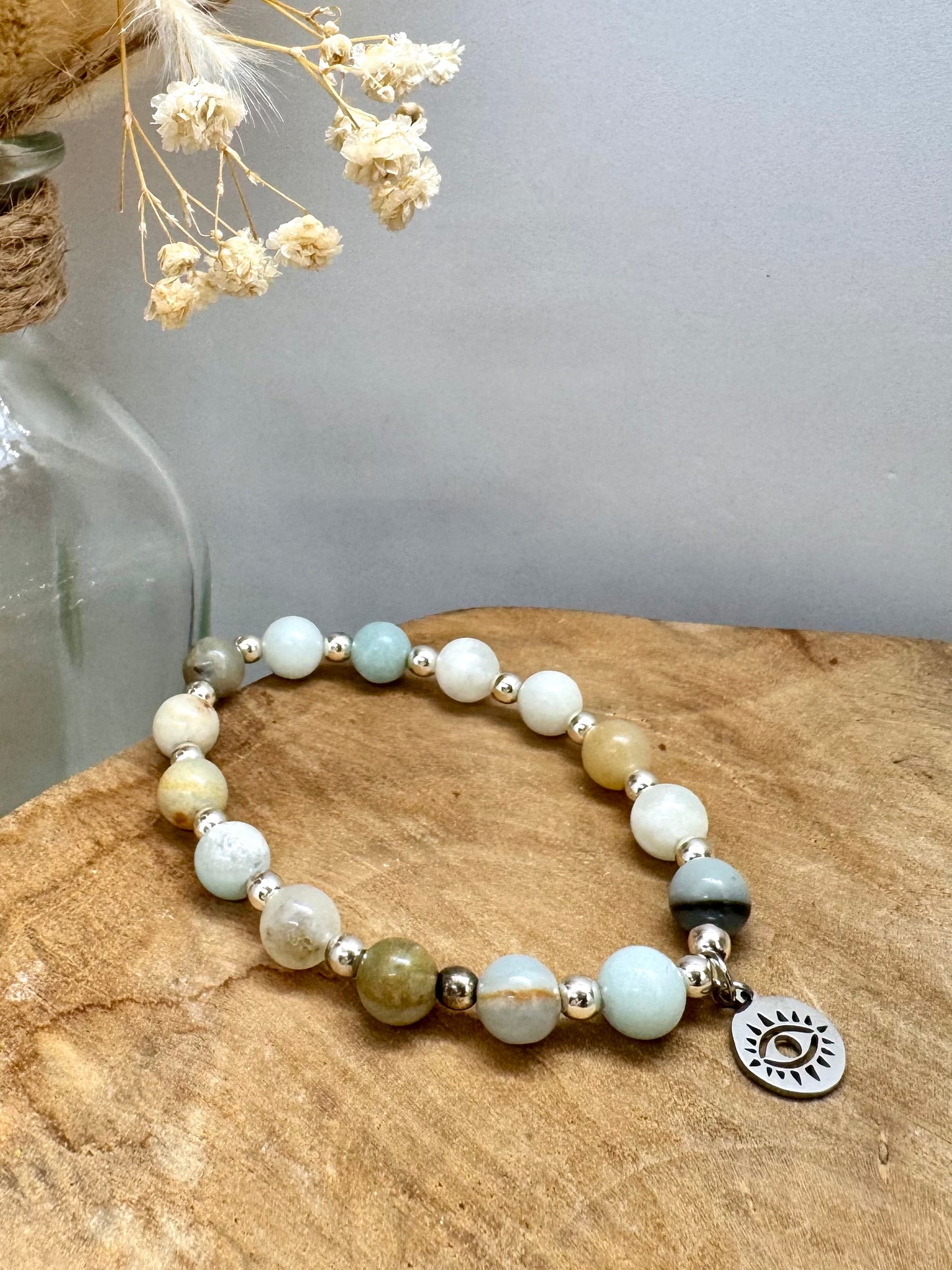 Bracelet en Amazonite véritable et breloques bohème en acier inoxydable