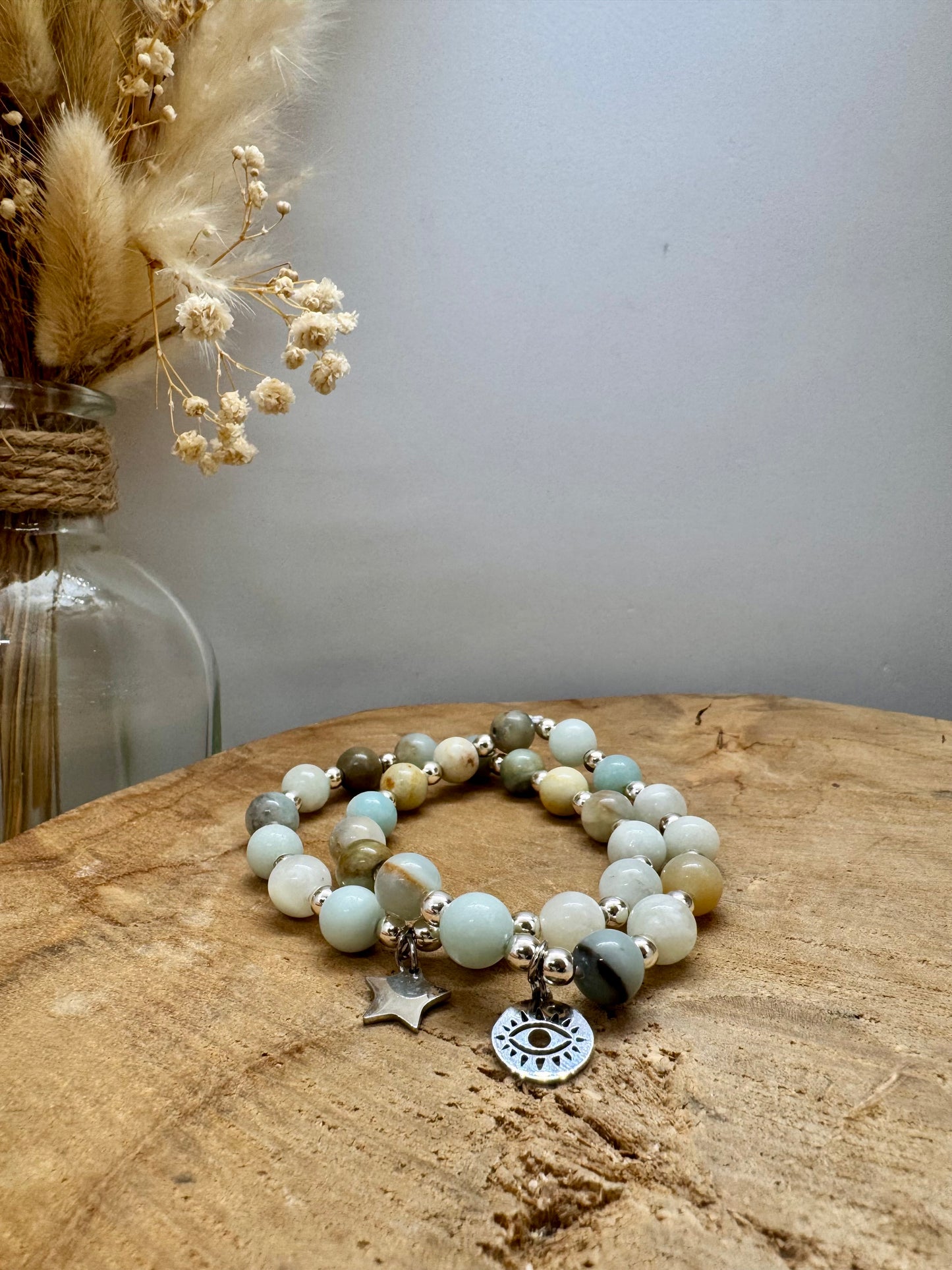 Bracelet en Amazonite véritable et breloques bohème en acier inoxydable