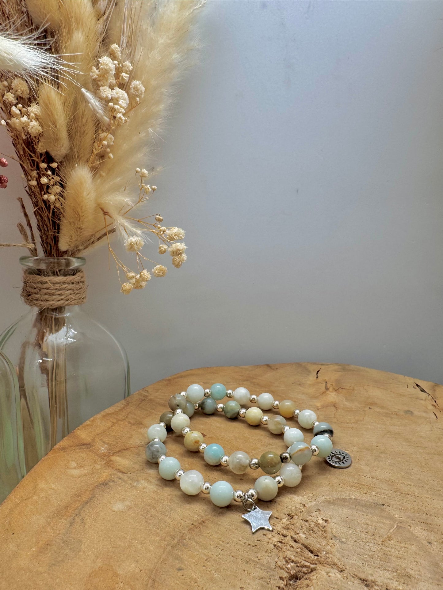 Bracelet en Amazonite véritable et breloques bohème en acier inoxydable