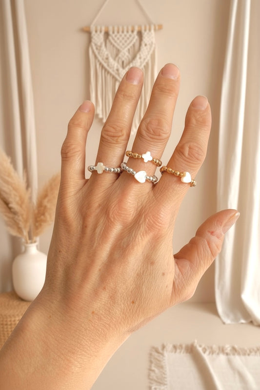 Bagues élastiques en perles rondes en acier inoxydable & nacre