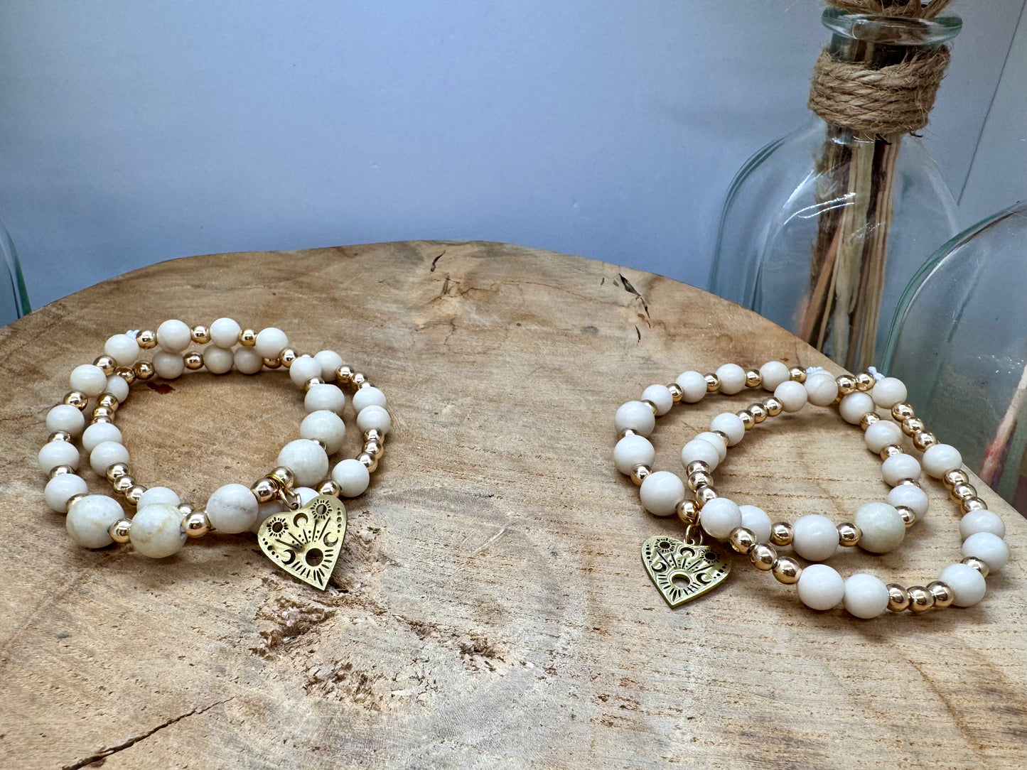 Bracelets en pierre naturelle blanche et acier inoxydable : Cœur mystique