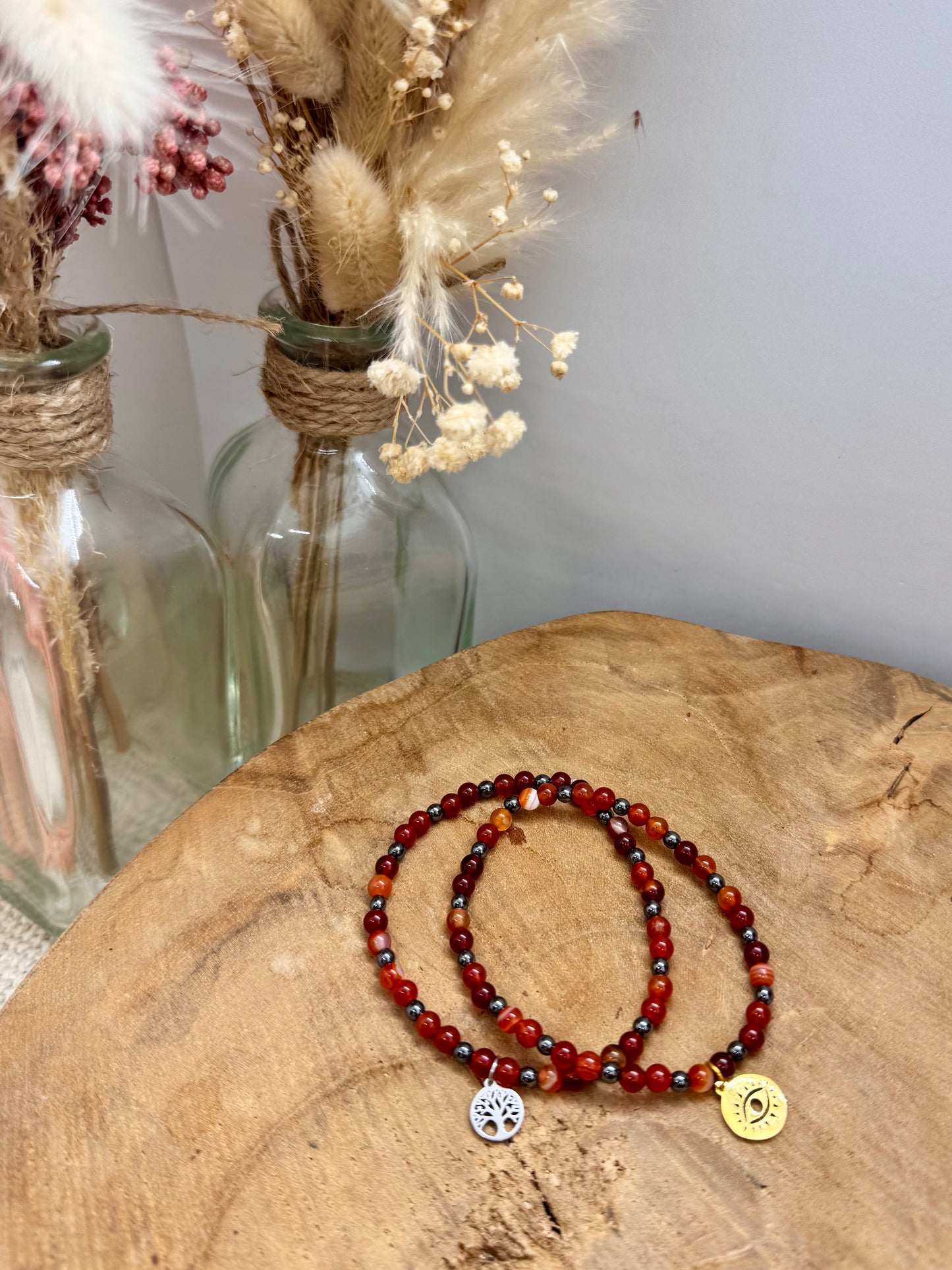 Collection de bijoux élastiques, bracelets et bagues élastiques en Agate Rouge & Marron