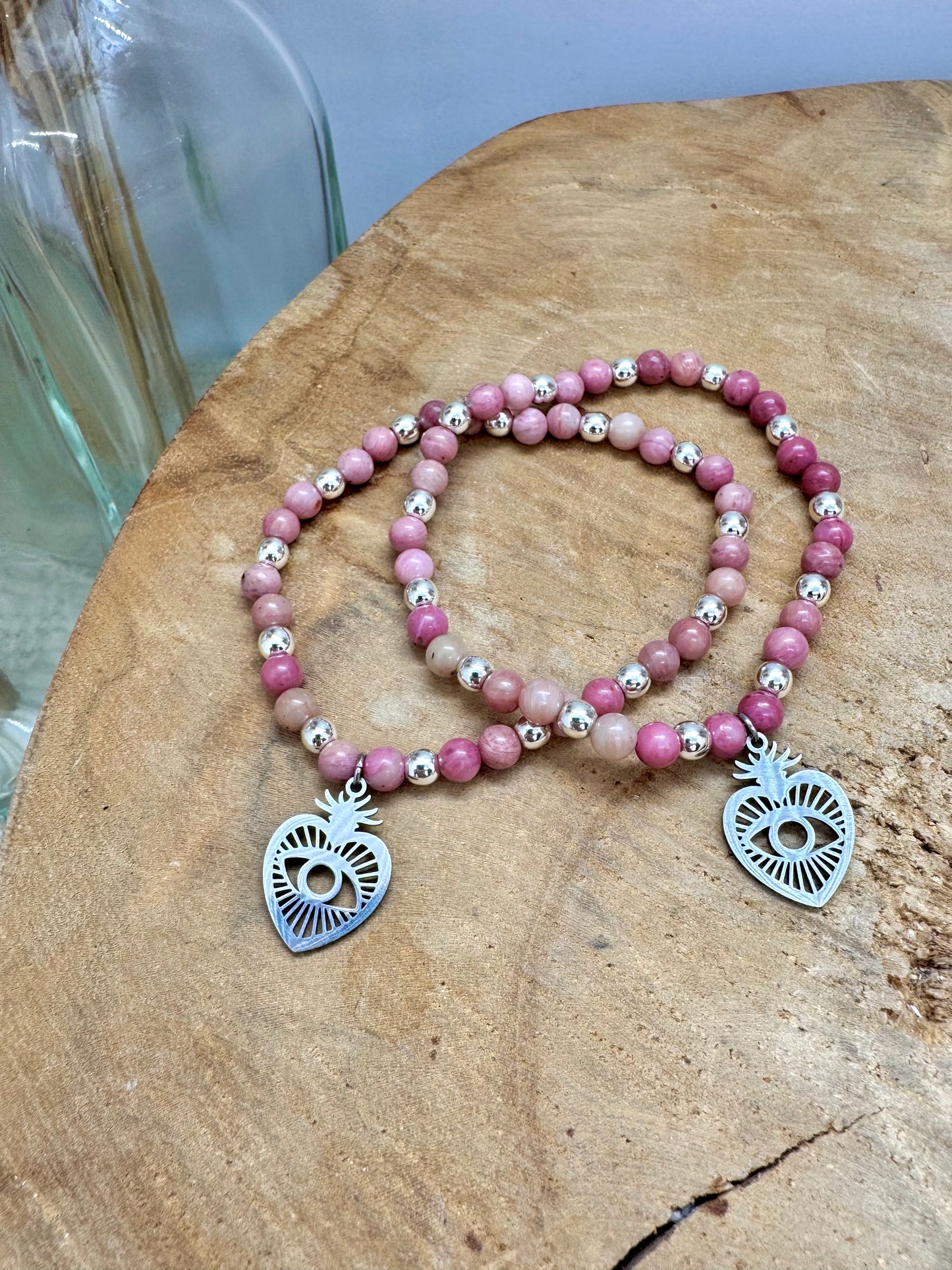 Collection bagues et bracelets en acier inoxydable et perles naturelles de rhodochrosite rose