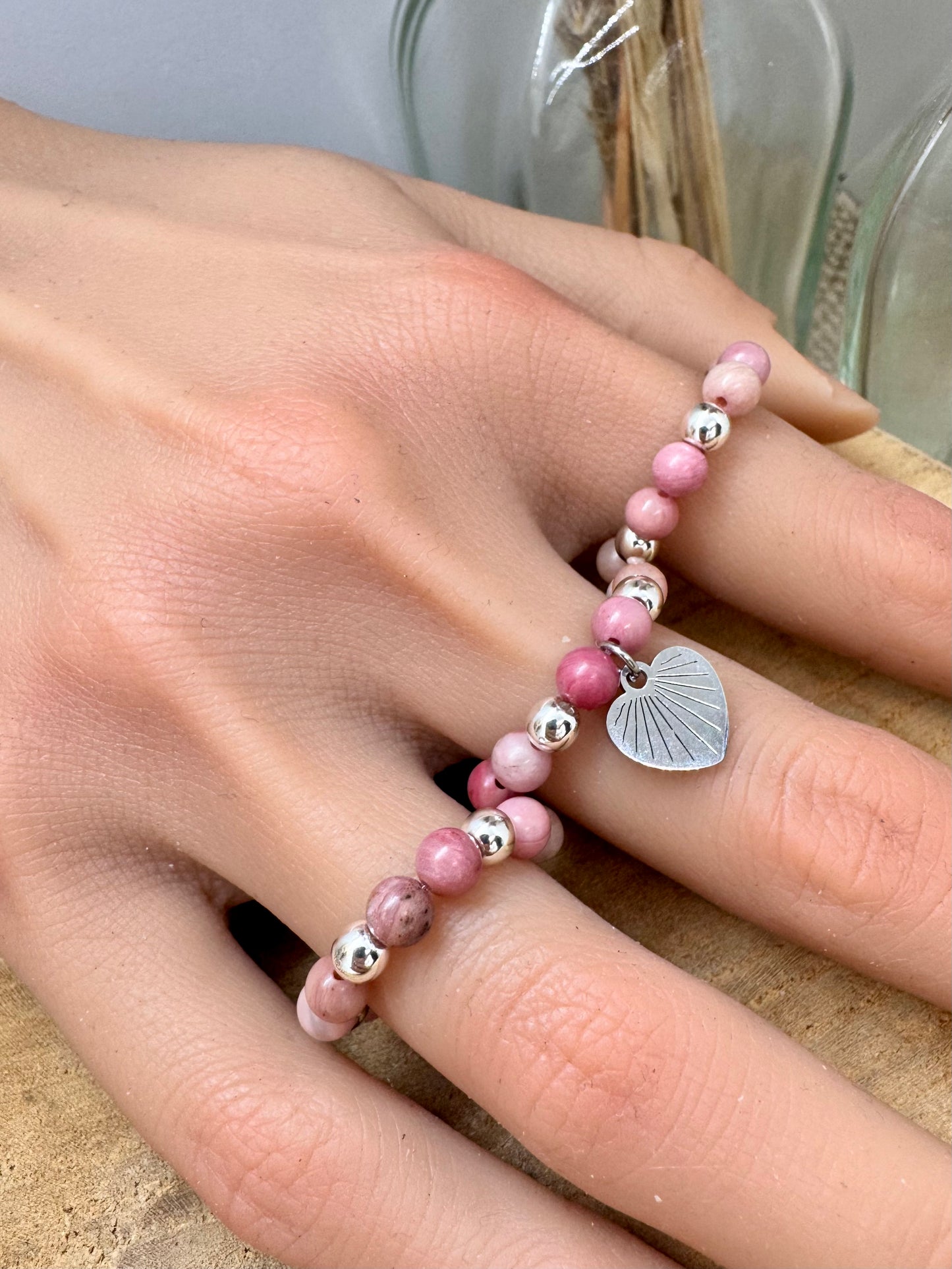 Collection bagues et bracelets en acier inoxydable et perles naturelles de rhodochrosite rose