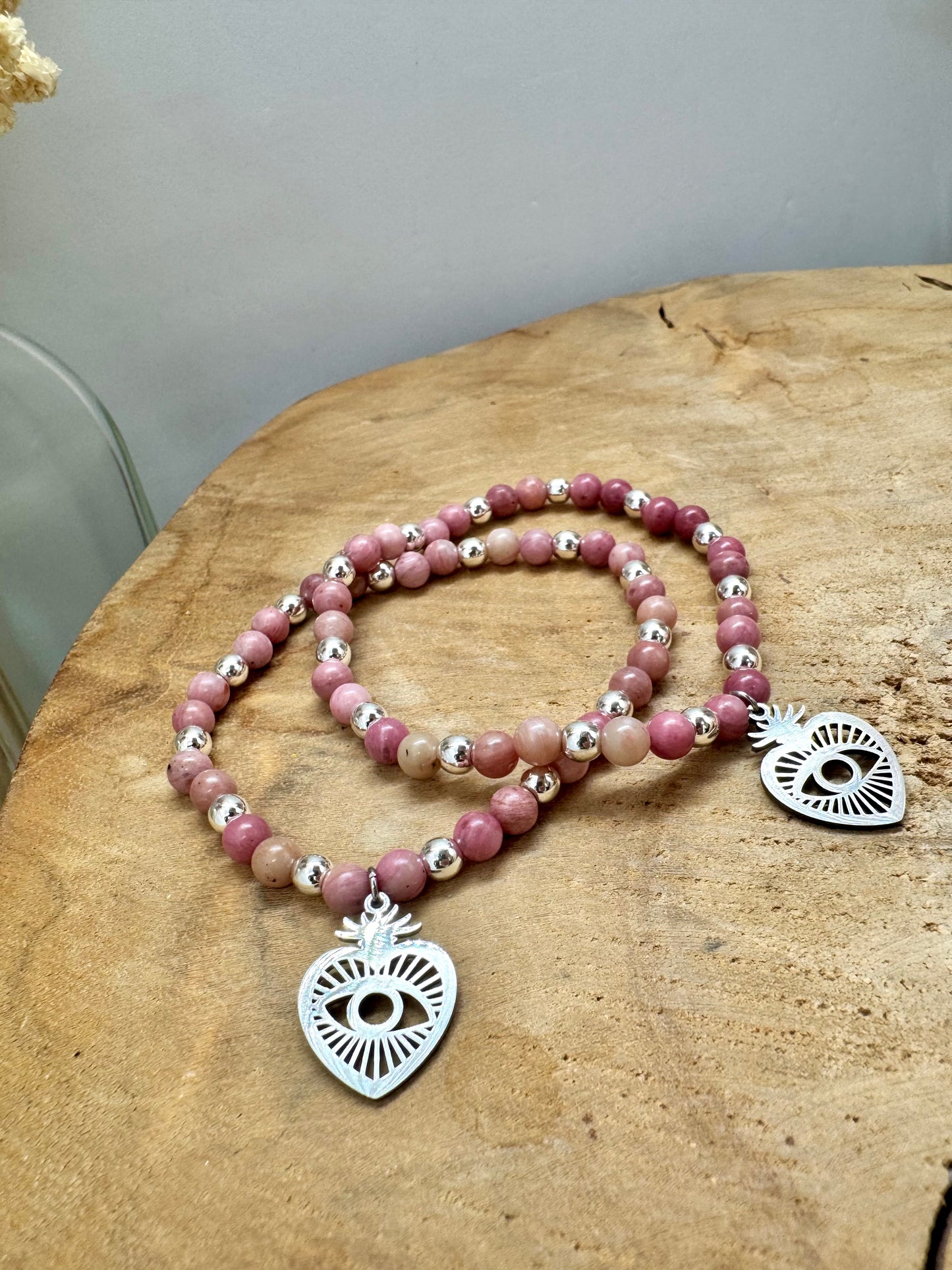 Collection bagues et bracelets en acier inoxydable et perles naturelles de rhodochrosite rose