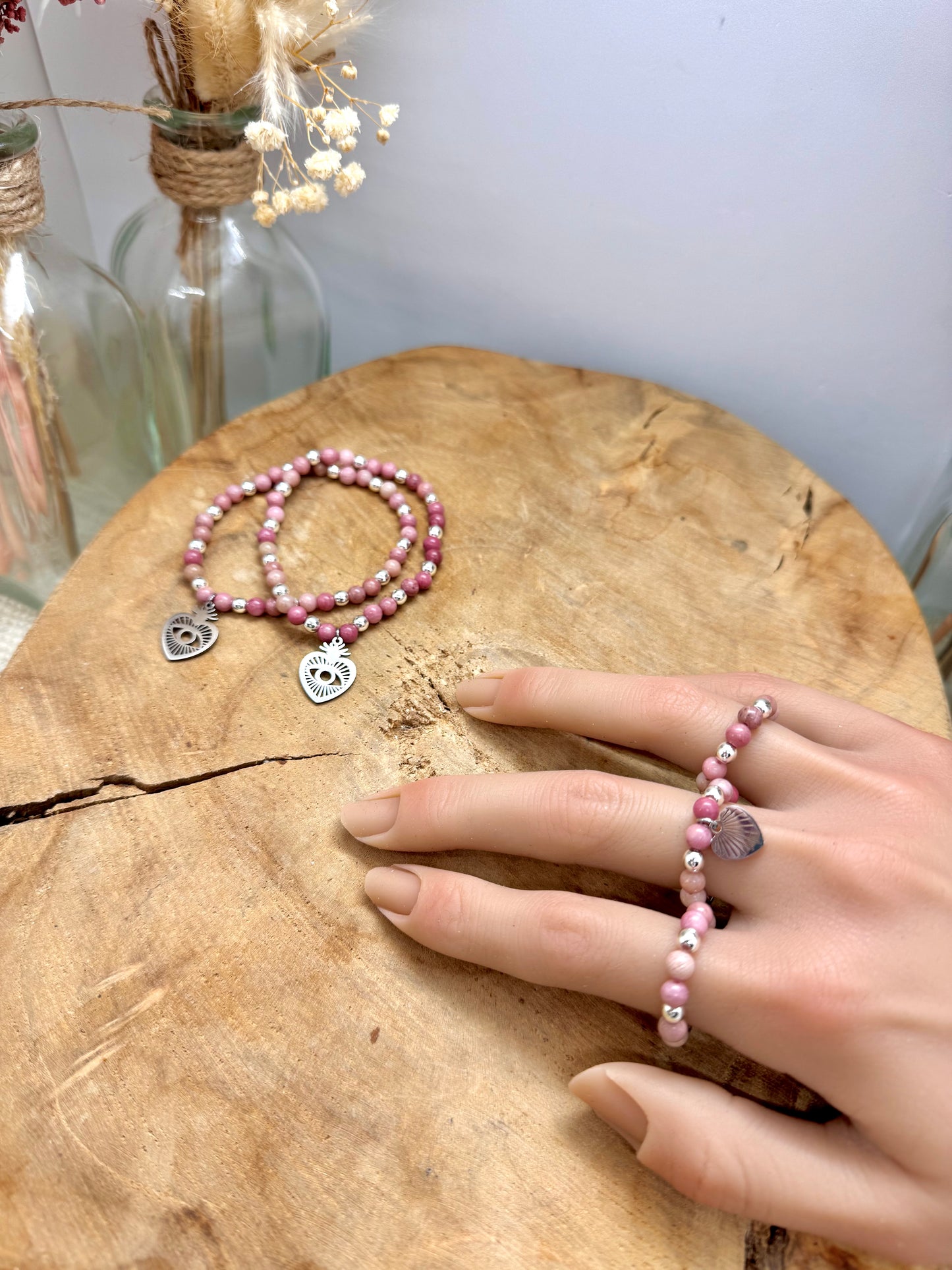 Collection bagues et bracelets en acier inoxydable et perles naturelles de rhodochrosite rose