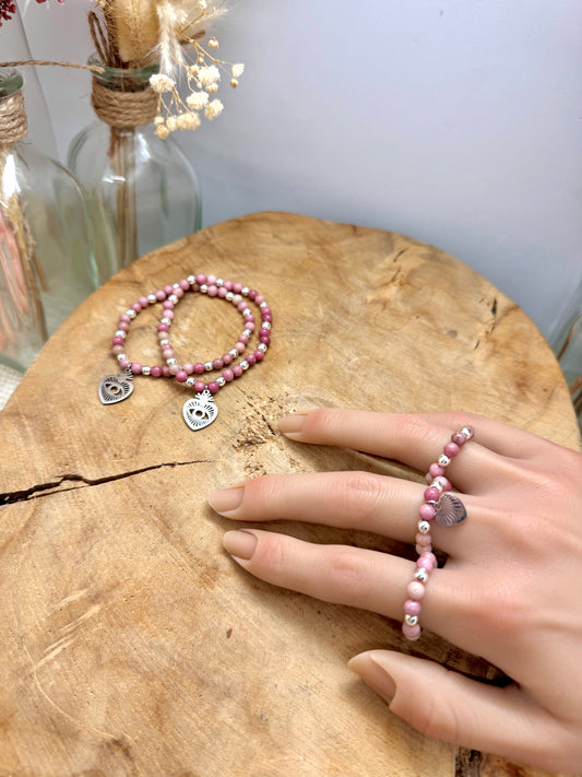 Collection bagues et bracelets en acier inoxydable et perles naturelles de rhodochrosite rose