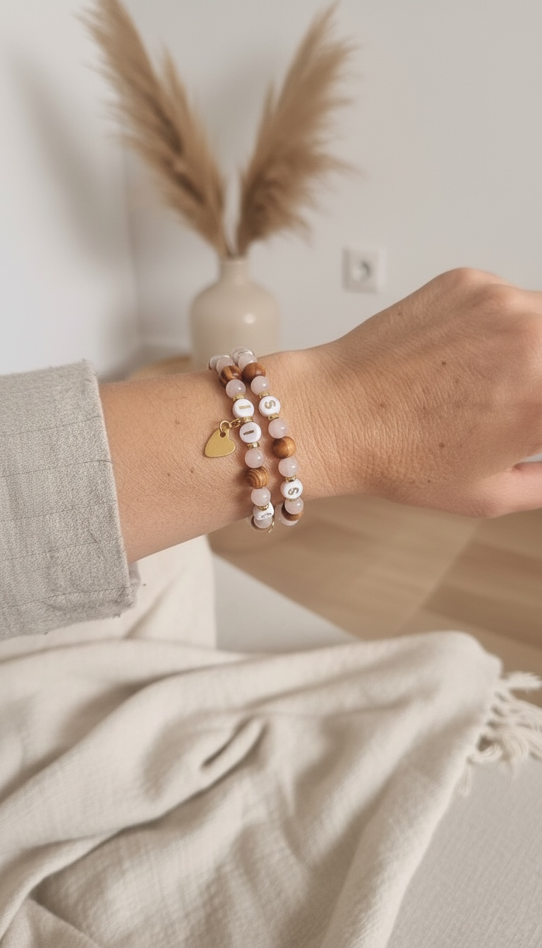 Bracelet d’allaitement en bois & quartz rose